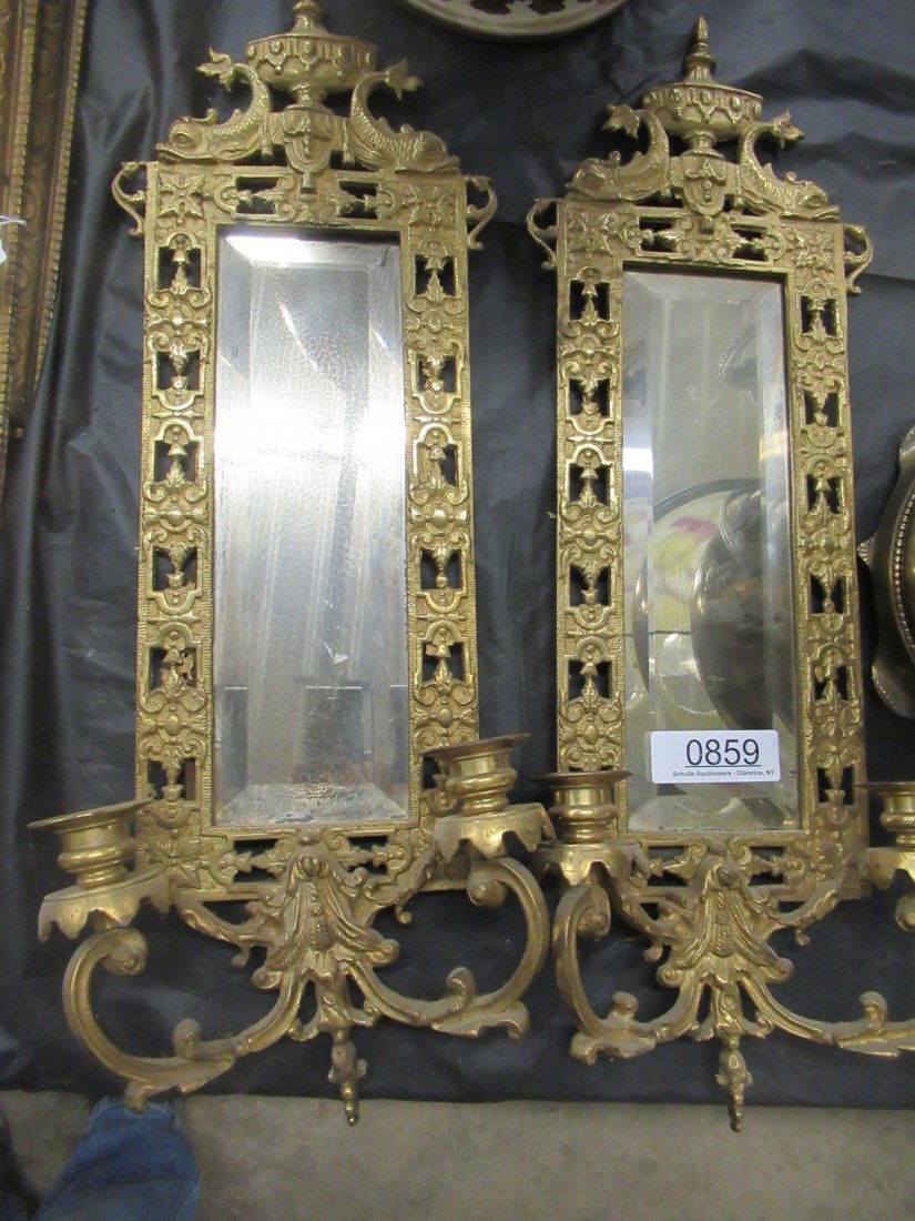 Pair Beveled Mirror + Brass Wall Candle Sconces (1 of 1)