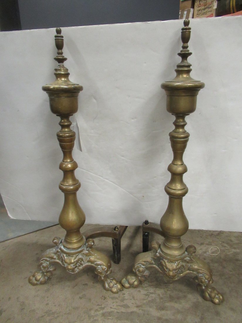 Pair Brass Andirons w/ Lions Head (1 of 1)