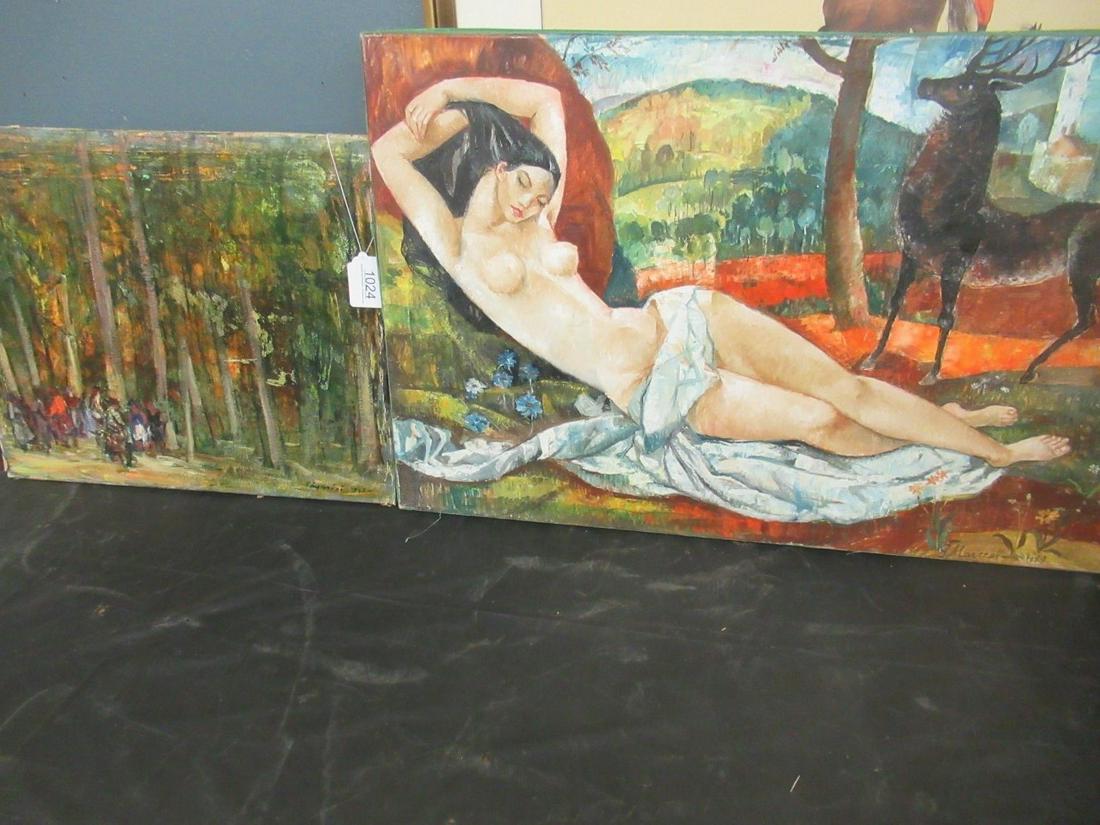 2 Oil on Canvas Paintings: Oil on Canvas Painting People in Forest Signed (Approx. 20" x 24") and Oil on Canvas of Nude Woman Reclining w/ Stag, Signed G. Marczall 1969 (Approx. 24" x 36")
