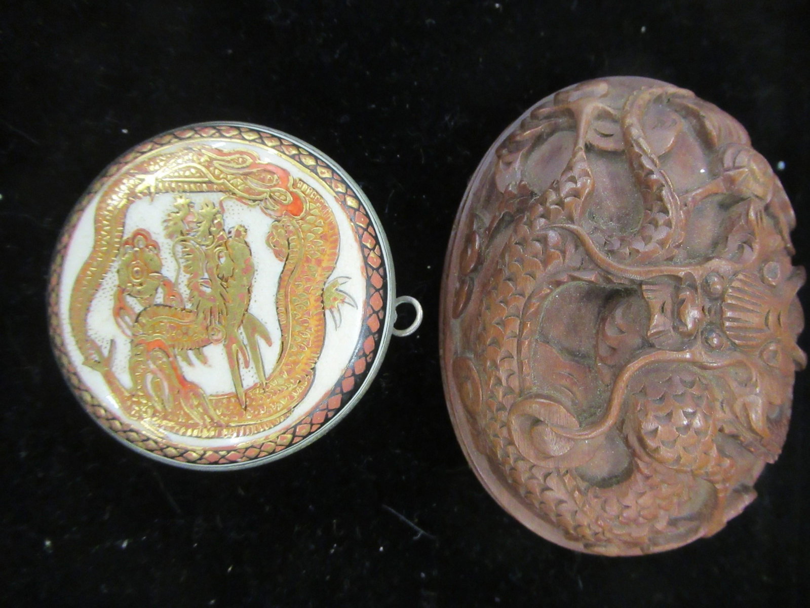 Early Satsuma Pin and Carved Brooch with Dragons: Early Satsuma Pin and Carved Brooch with Dragons