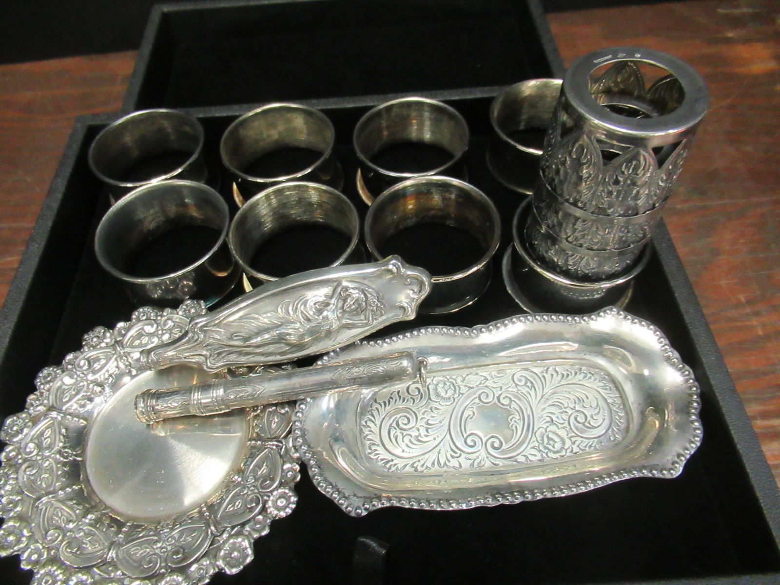 Tray with Mostly Sterling Napkin Rings, Etc (1 of 2)
