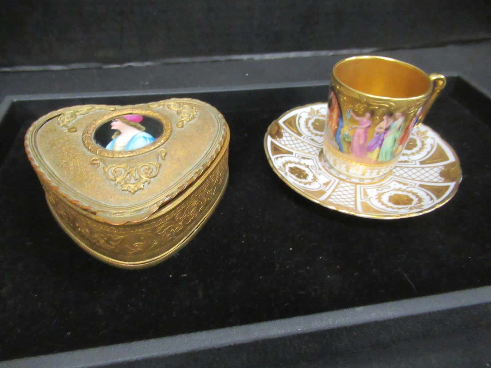 Decorated Teacup Royal Vienna, Sm. Jewelry Box: Decorated Teacup Royal Vienna and Small Jewelry Box with Porcelain Woman