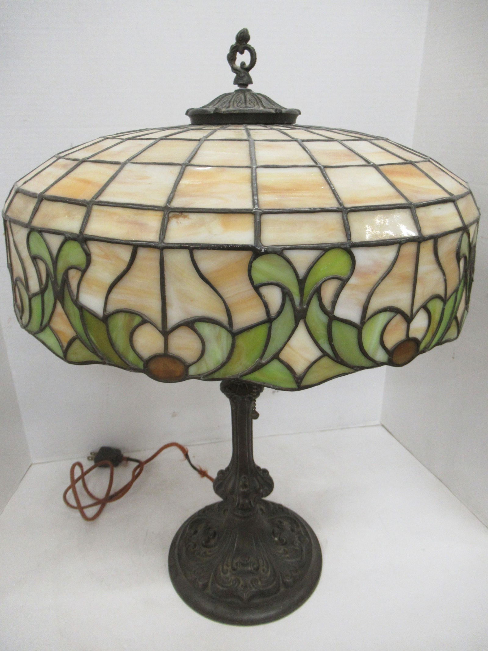 Antique Leaded Glass Table Lamp w/ Carmel Shade (1 of 3)