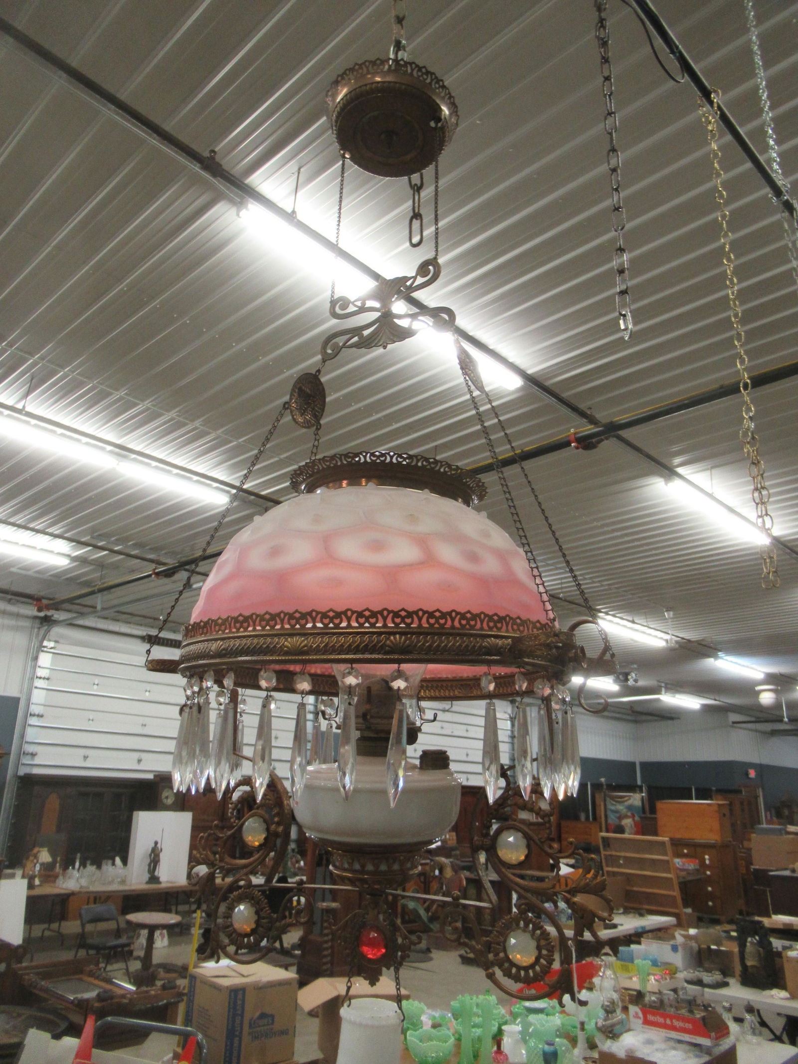 Victorian Hanging Lamp with Pink Glass Shade (1 of 5)