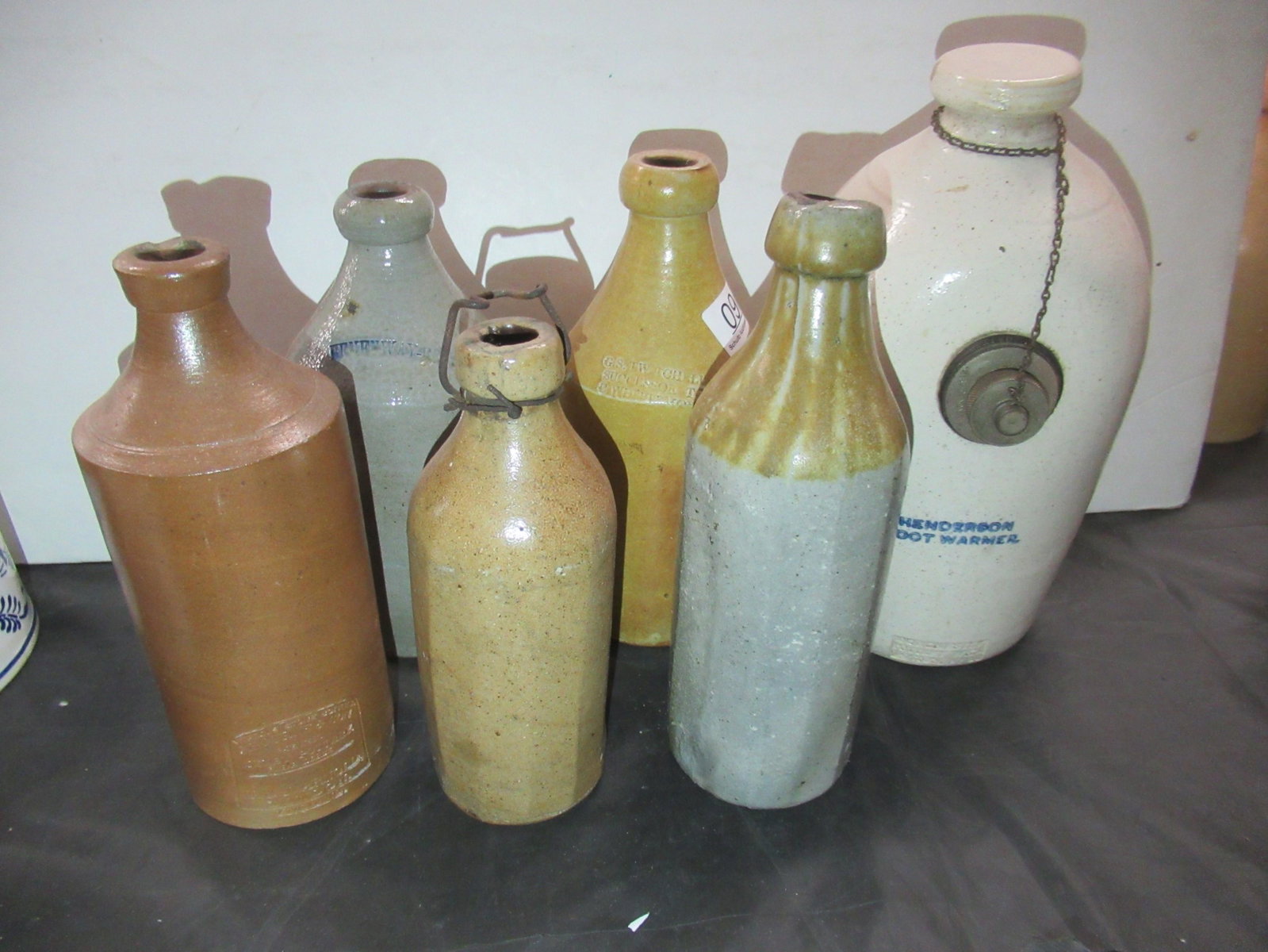 5 Stoneware Bottles and Pottery: 5 Stoneware Bottles and Pottery 1912 Henderson Foot Warmer -