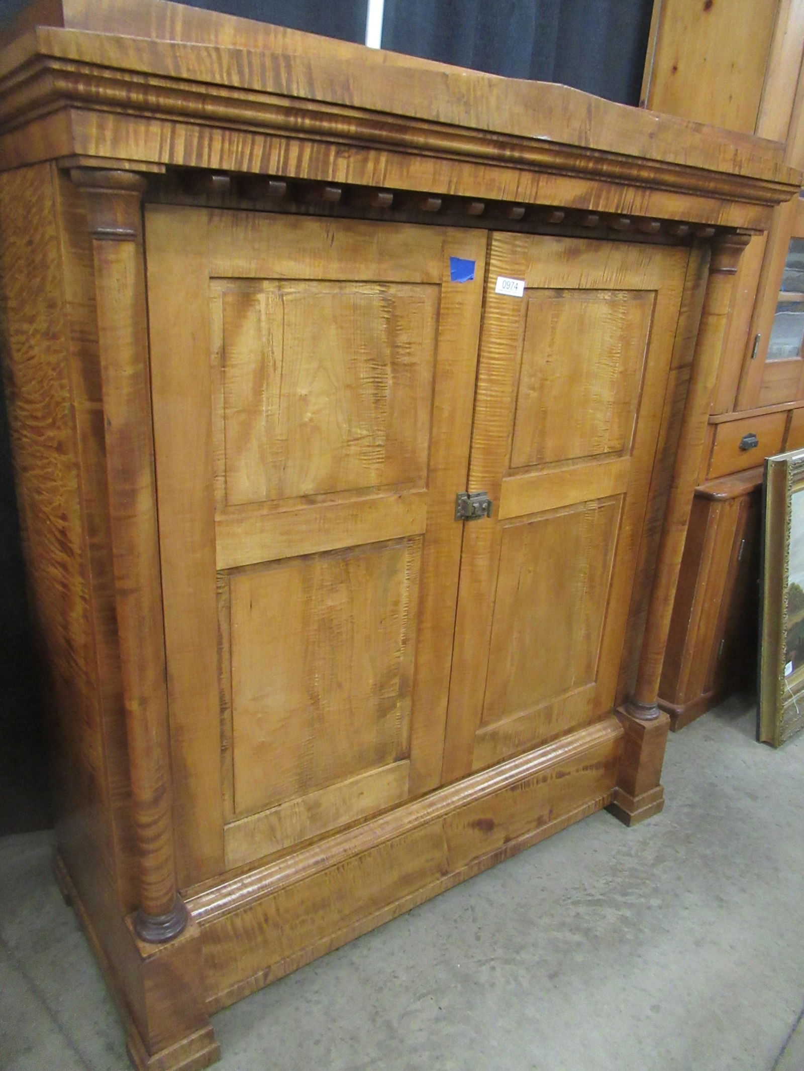 Empire Revival Closed Wardrobe: Empire Revival Closed Wardrobe with Tiger Maple Throughout - Approx. 64"t x 57"w x 22.5"d