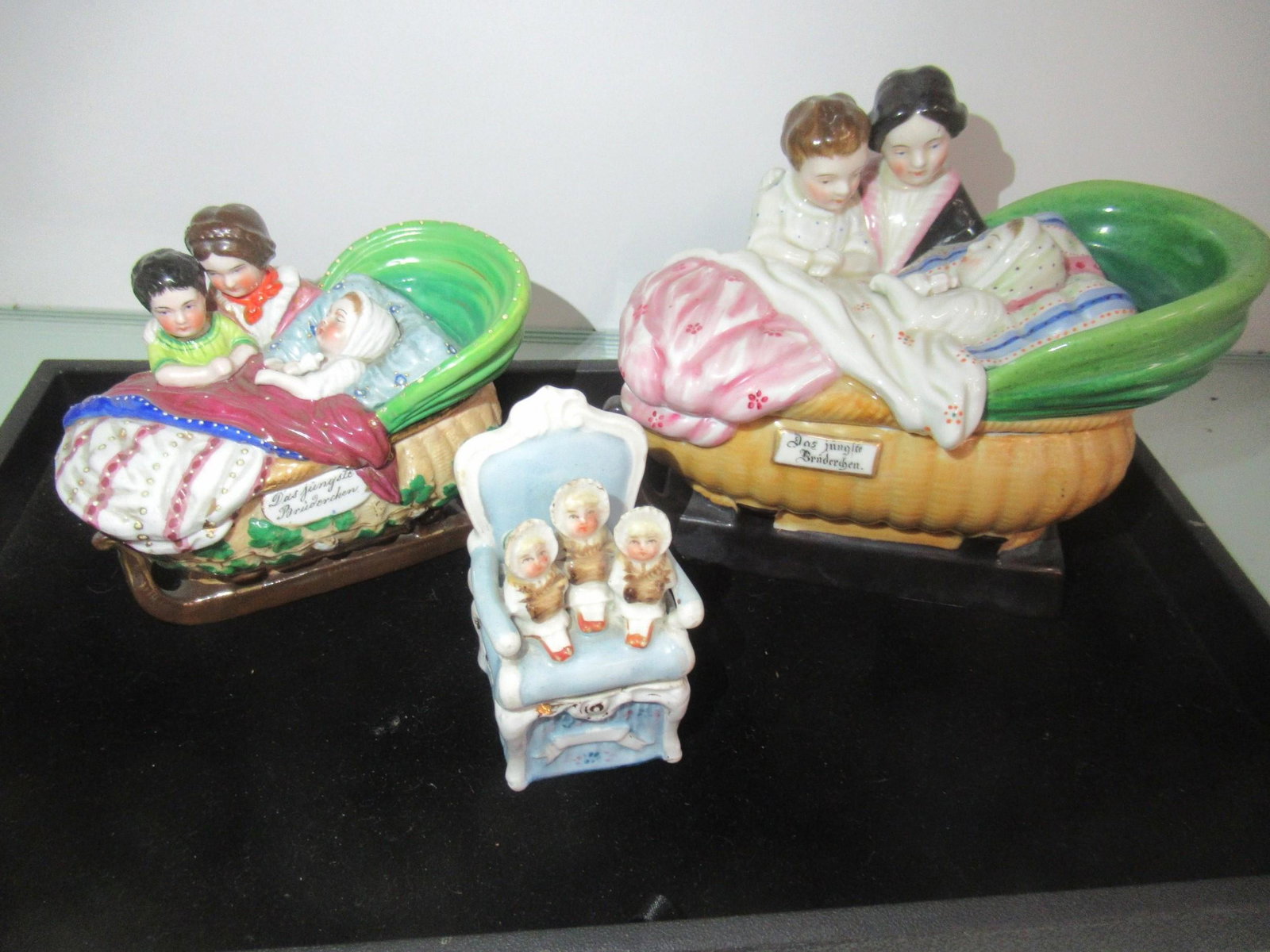 2 Covered Ink Wells & Small Covered Porcelain pc.: 2 Covered Ink Wells in the Form of Children in Bed with Parents and Small Covered Porcelain pc with 3 Children -