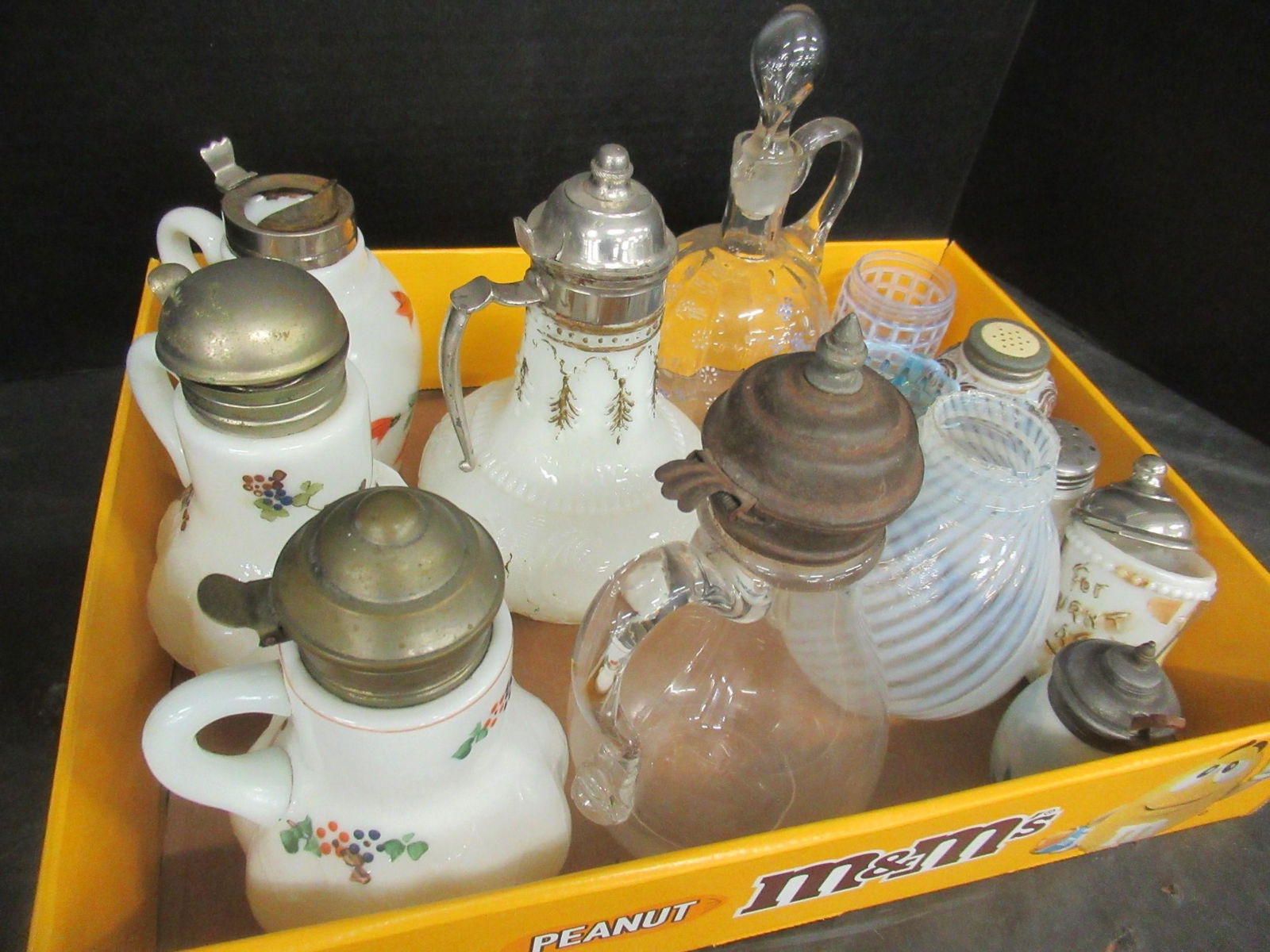 Box Lot w/ Milk Glass Syrups & Other Misc Glass (1 of 3)