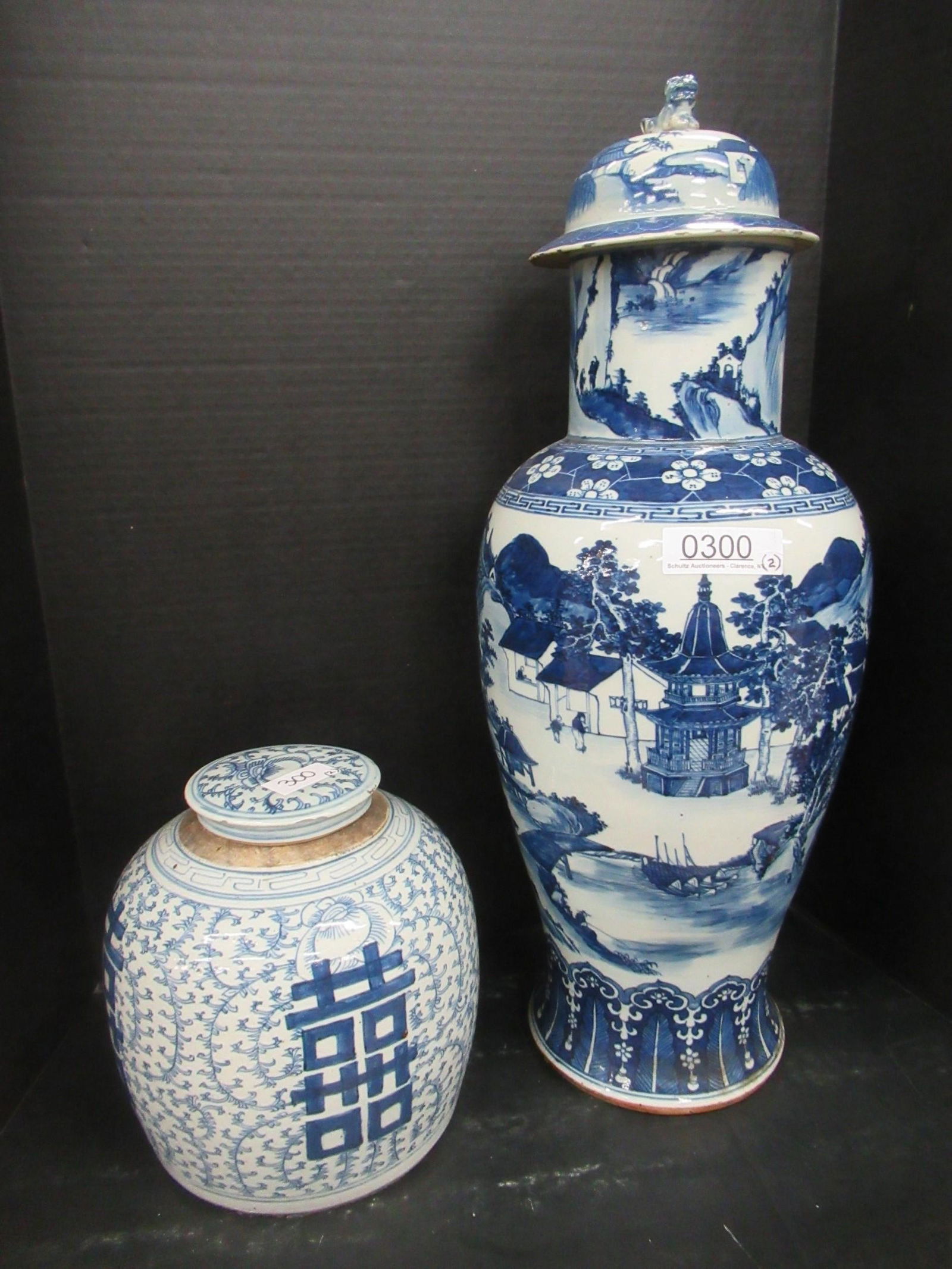 Blue & White Covered Urn & Ginger Jar: Blue and White Decorated Covered Urn and Blue and White Covered Ginger Jar - Tallest approx. 25.5" t