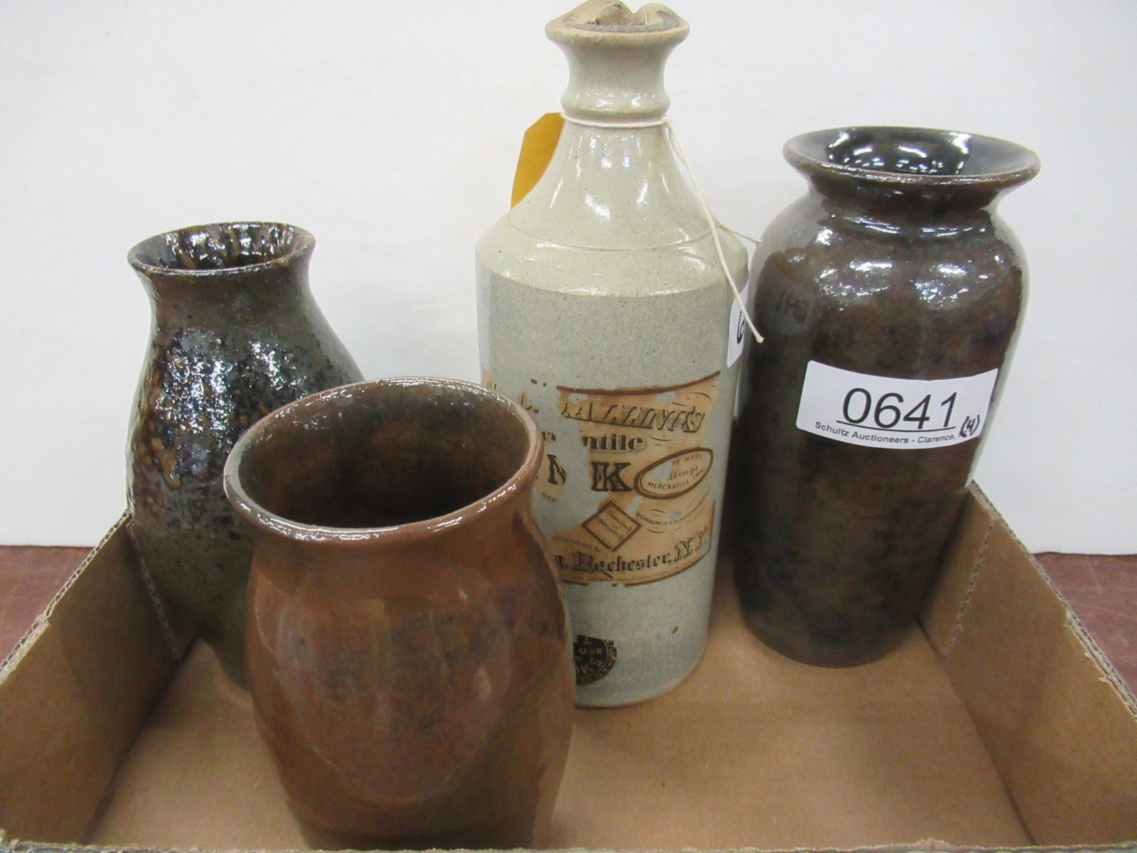 4 Pieces of Pottery incl. Early Pottery Bottle: 4 Pieces of Pottery incl. Early Pottery Bottle with Advertising - Tallest is approx. 9.5" Tall