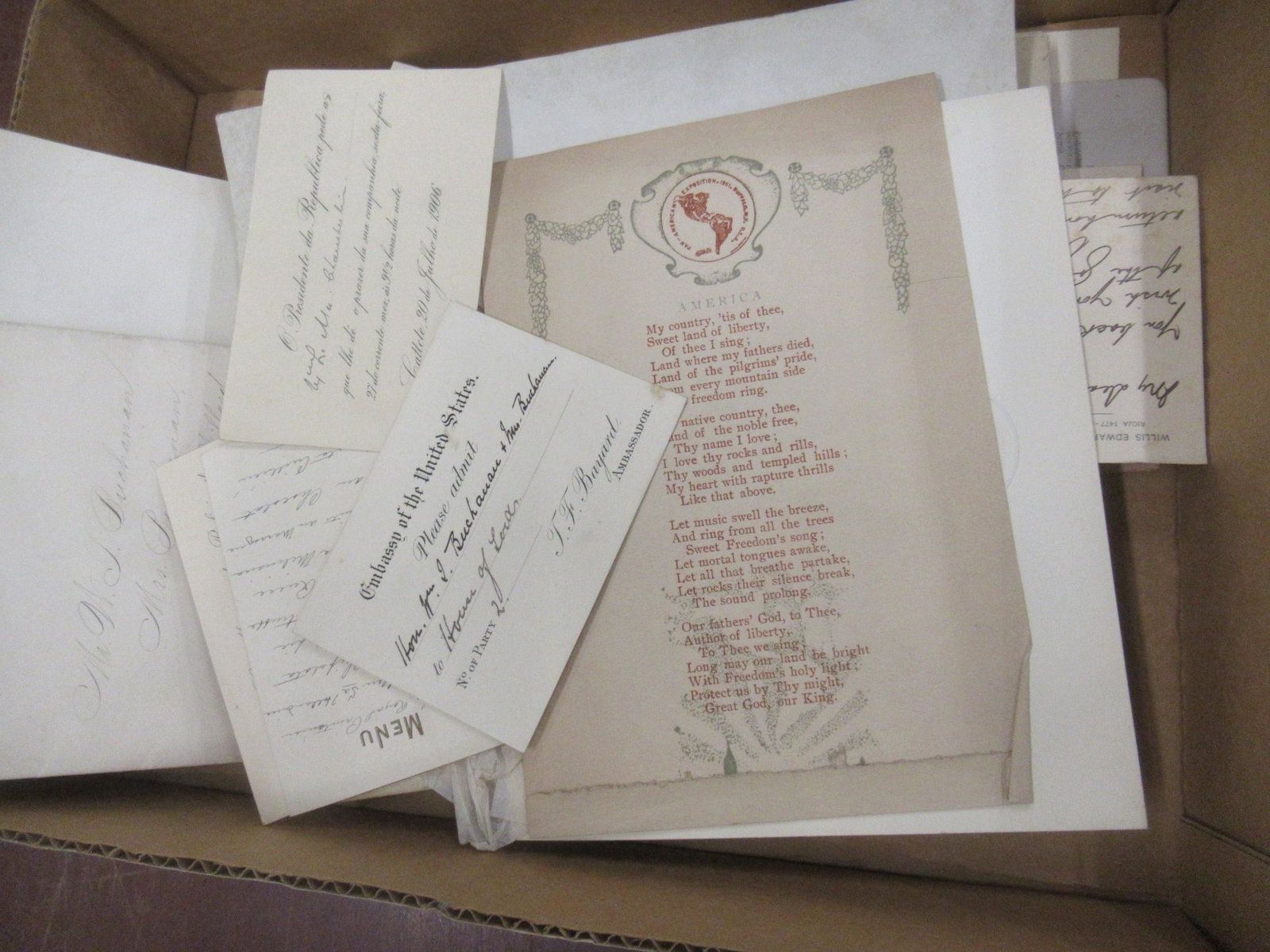 Box of Pan American Related Items, Tickets etc: Box of Pan American Related Items, Ticket for Presidential Inauguration 1893, Columbian Exhibition Items, William McKinleys Pan American Address, Plus Other items from the Buchanan Estate -