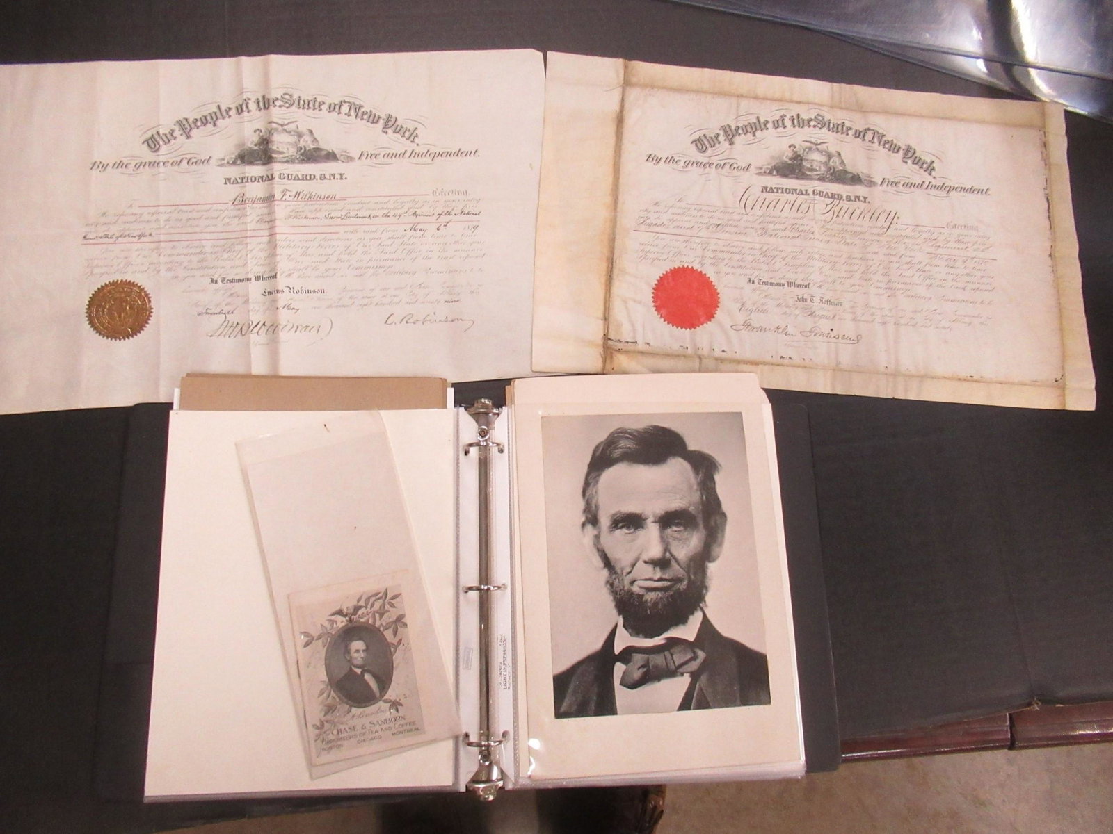 National Guard Diploma, Pictures, Ephemera, Etc: National Guard to Charles Buckley 1870, Diploma from National Guard 1879, Portfolio with Pictures of Presidents, Lincoln, Grant, Ephemera, Etc -