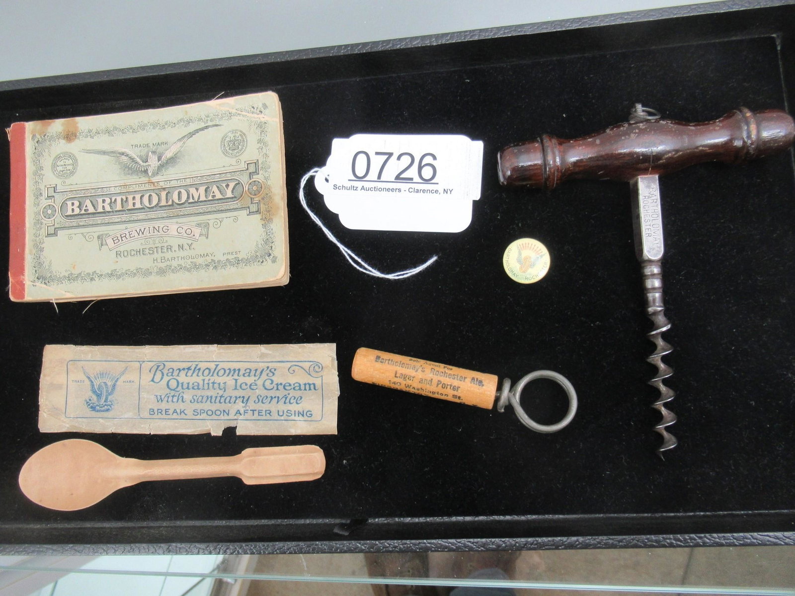 Tray of Misc. Beer Advertising Items: Tray of Misc. Advertising Items incl. Bartholomay Brewing Co. Booklet, Some Corkscrews and Bartholomay Rochester Pin -