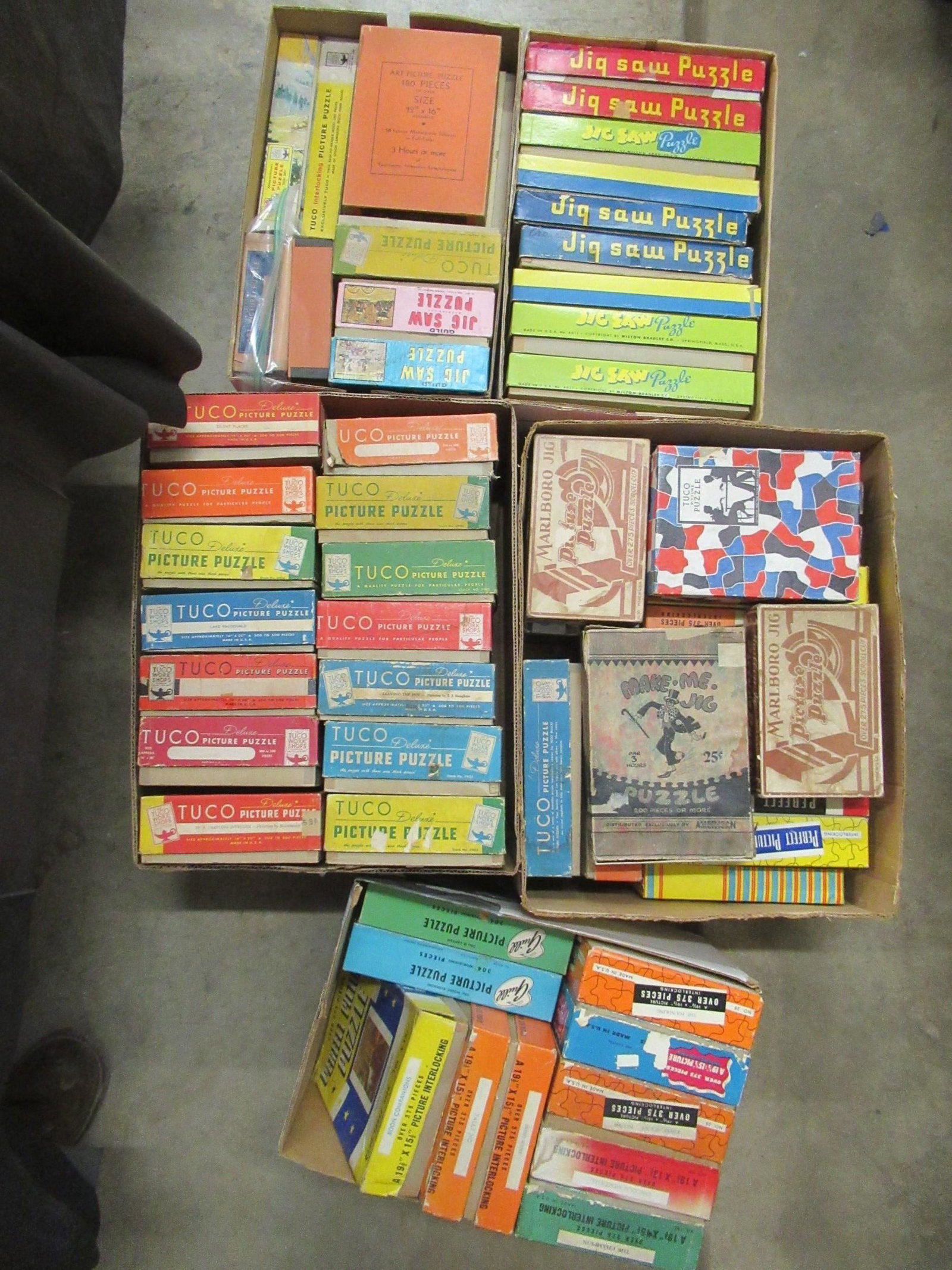 5 Boxes of Misc. Puzzles: 5 Boxes of Misc. Puzzles incl. Tuco, Guild, American Stores Co. Jig Puzzle, Etc -