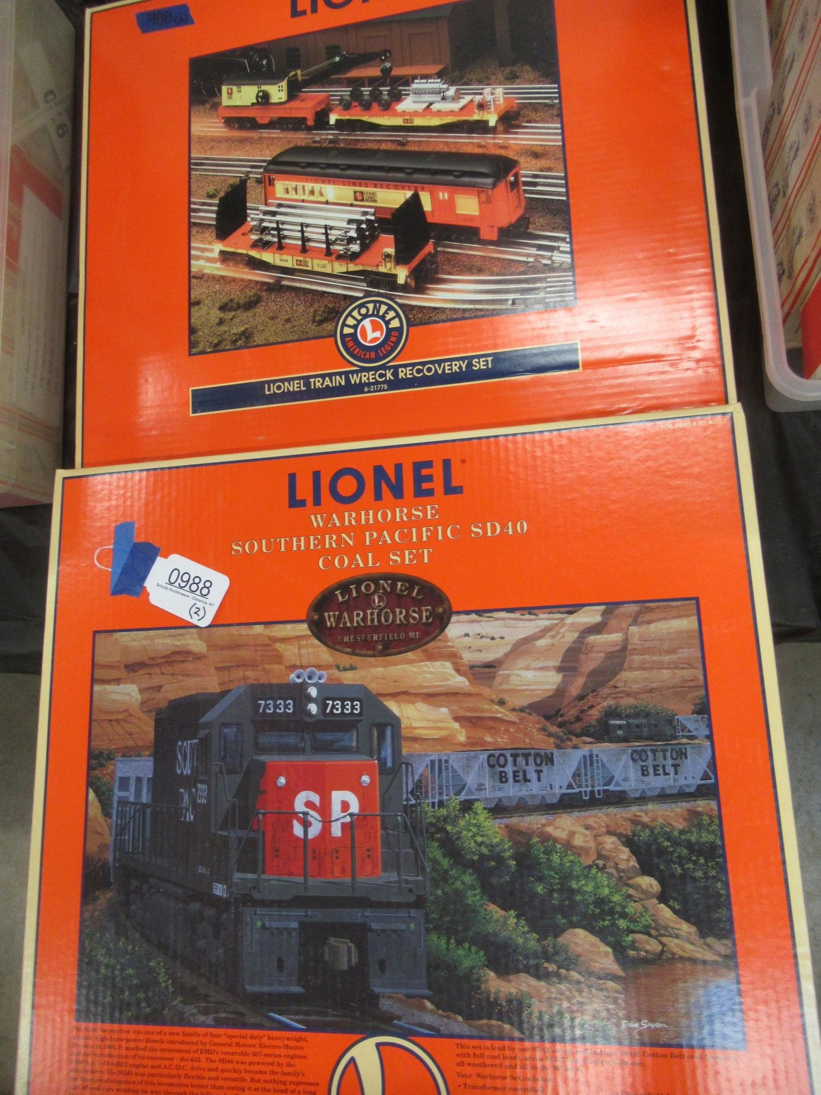Lionel Southern Pacific Set & Train Wreck Set: Lionel War Horse Southern Pacific SD40 Coal Set and Lionel Train Wreck Recovery Set, Both Sets in original boxes -
