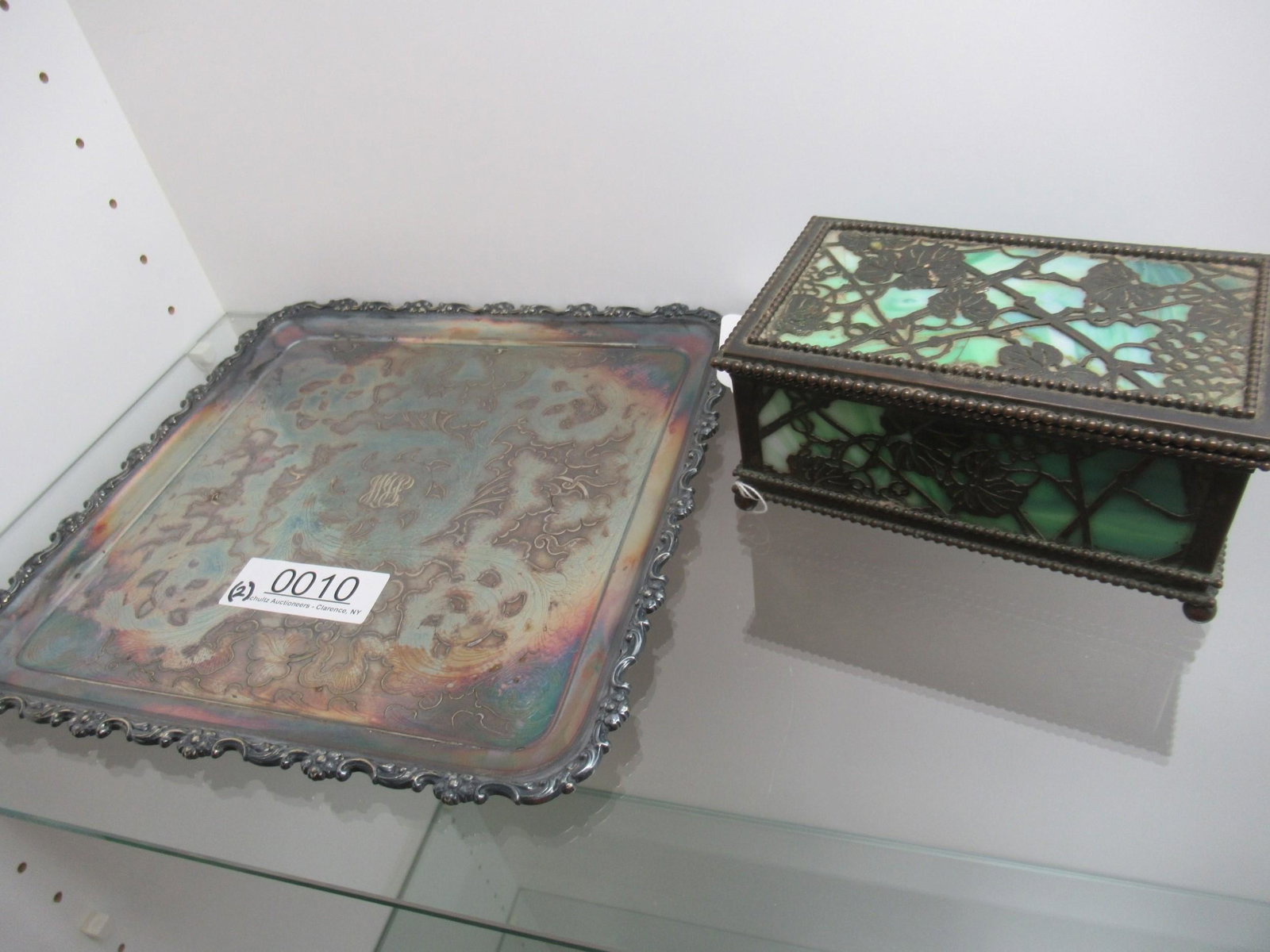 Tiffany Studios Box with Green Slag Glass: Tiffany Studios Box with Grape and Vine Design and Green Slag Glass and Rectangular Tiffany and Co. Silver Plated Tray - Box approx. 6.75" x 4" x 3.5"