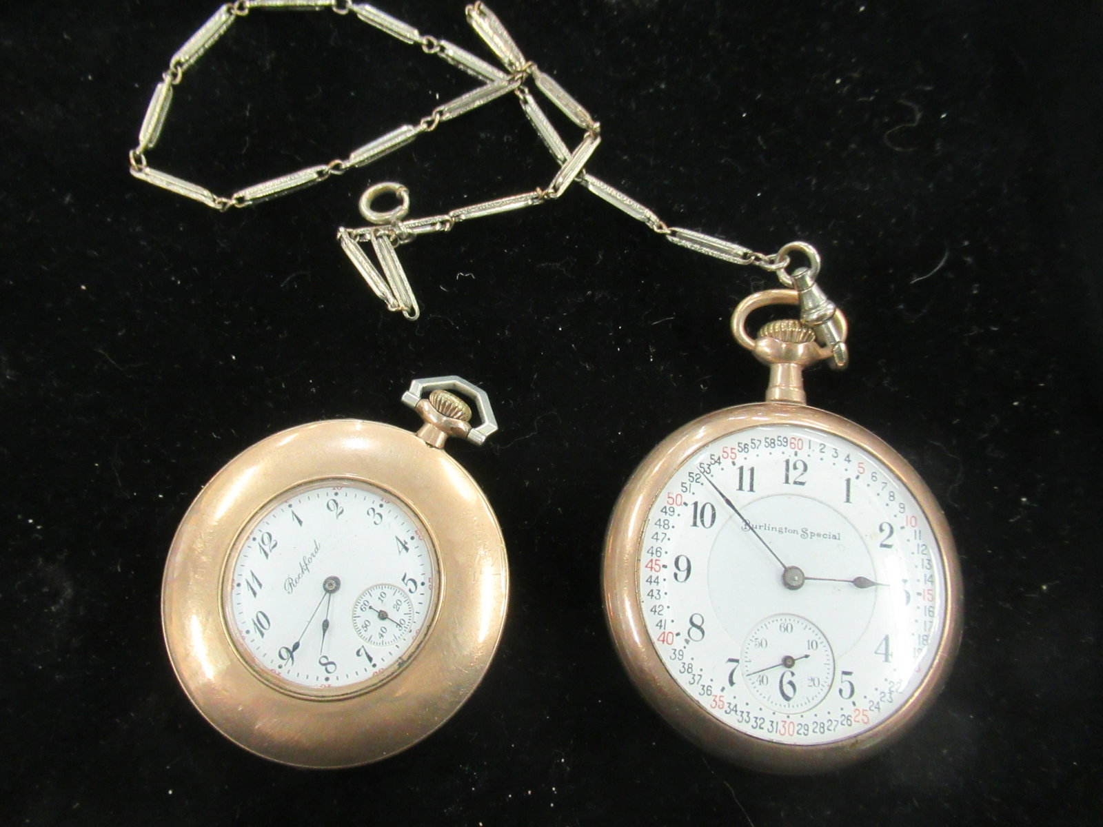 Rockford Watch Co & Burlington Special Watches: Burlington Special 19 Jewel Mans Open Face Pocket Watch with Masonic Decoration and Gold Filled Rockford Watch Co. 17 Jewels Ladies Watch -