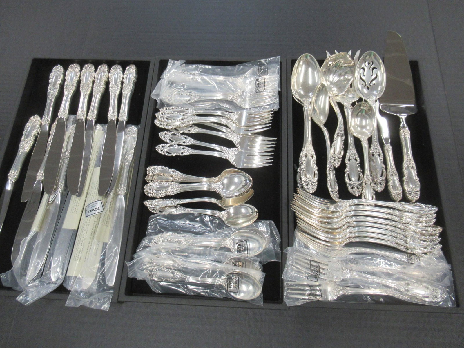 3 Trays of Sterling Flatware: 3 Trays of Sterling Flatware, Most Never Used in Towle Grand Duchess Pattern, Approx. 57 pcs and Approx. 94oz (includes half oz for every knife) - There are 12 knives, 12 salad forks, 12 tea spoons, 1