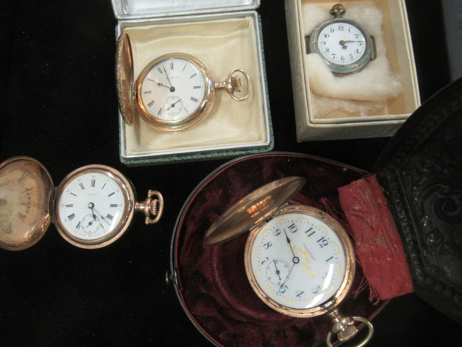 Tray with 4 Pocket Watches: Tray with 4 Pocket Watches incl Mans Closed Case Gold Filled, 2 Ladies Gold Filled, and 1 Ladies Enamel Wrist Watch -