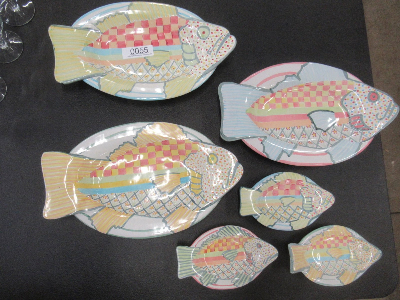 6 Fish Plates, 3 Large, 3 Small, Mackenzie Childs: 6 Fish Plates, 3 Large, 3 Small, Mackenzie Childs, All Marked Victoria and Richard -