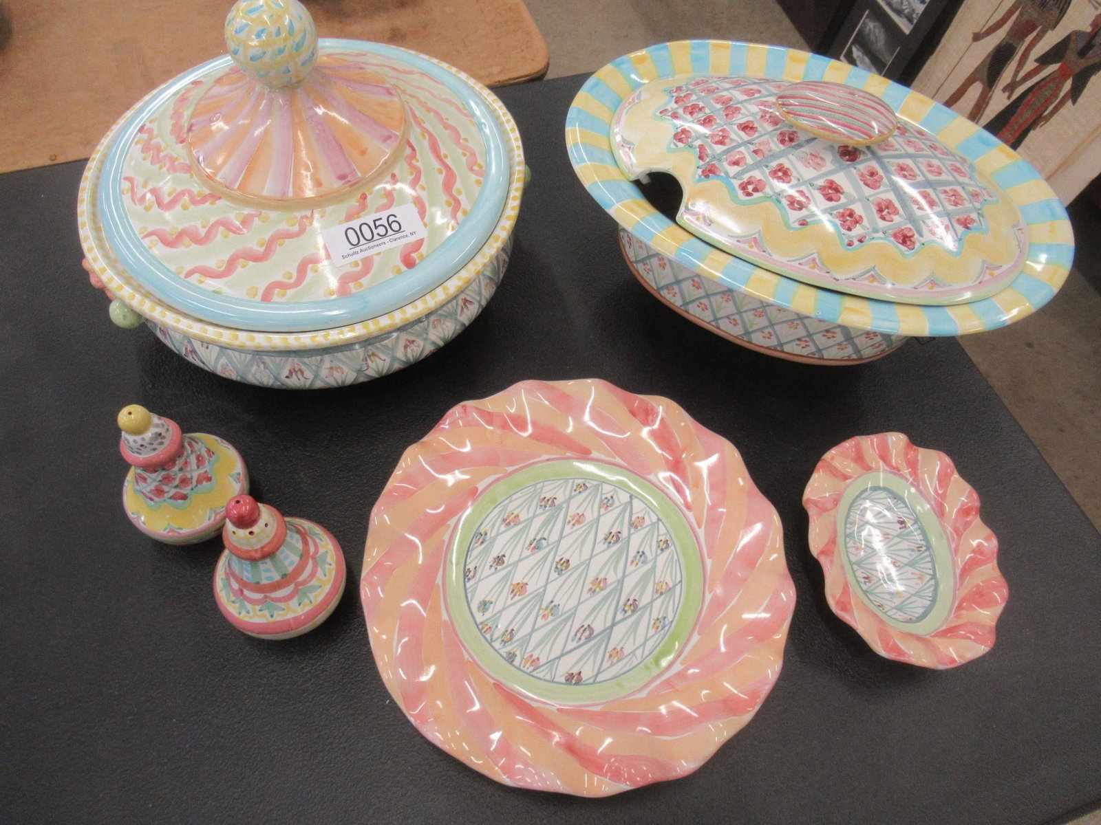 Group of Mackenzie Childs incl Oval Covered Piece: Group of Mackenzie Childs incl Oval Covered Piece, etc - Large bowl approx. 10" h