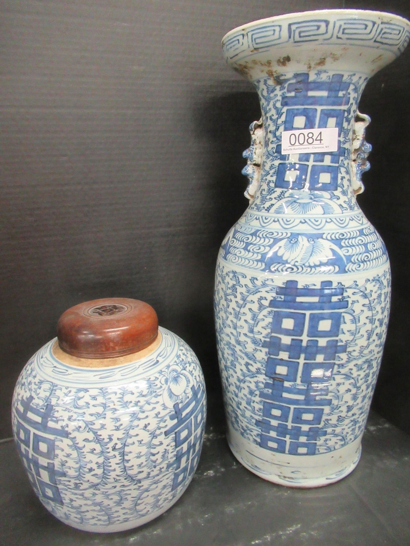 Blue & White Decorated Chinese Vase & Ginger Jar: Blue and White Decorated Chinese Vase and Covered Ginger Jar - Approx. 22" tall and 10" tall