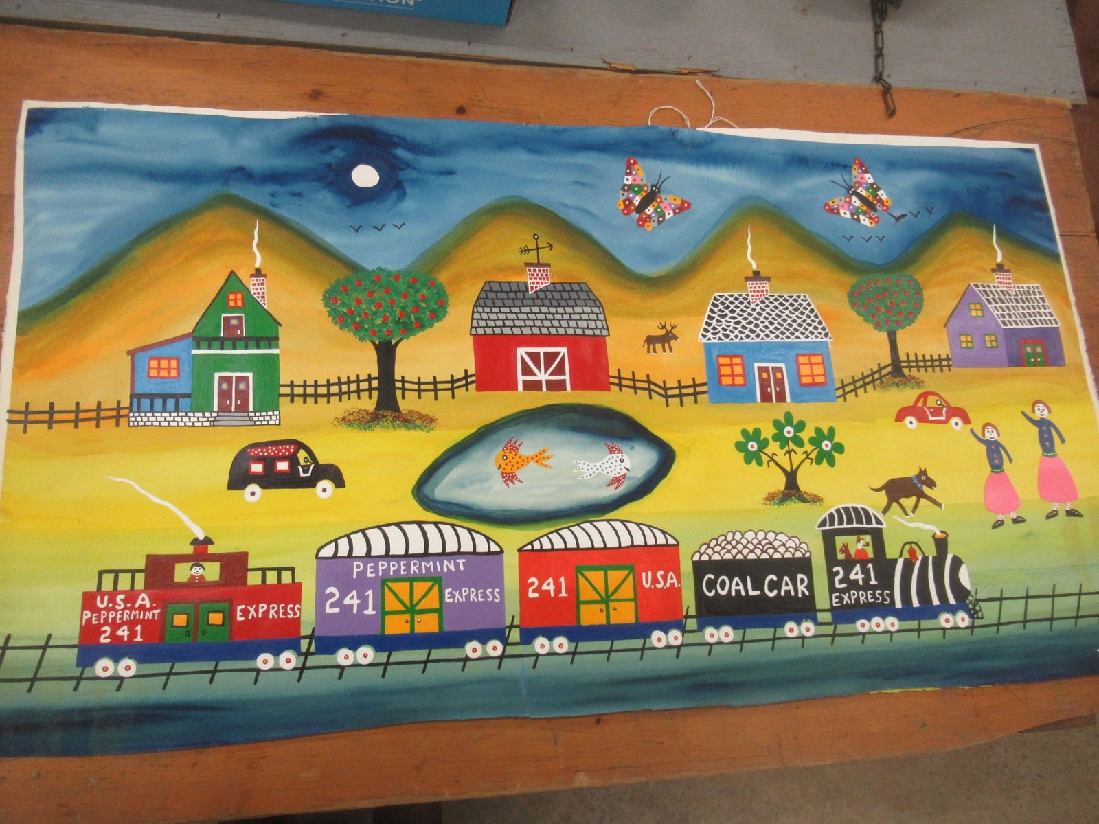 JC Litz Watercolor and Paint on Heavy Paper: JC Litz Watercolor and Paint on Heavy Paper of Train and Houses Unframed Titled "241 Peppermint Rural Country Express" - Approx. 44.5" x 24.5"