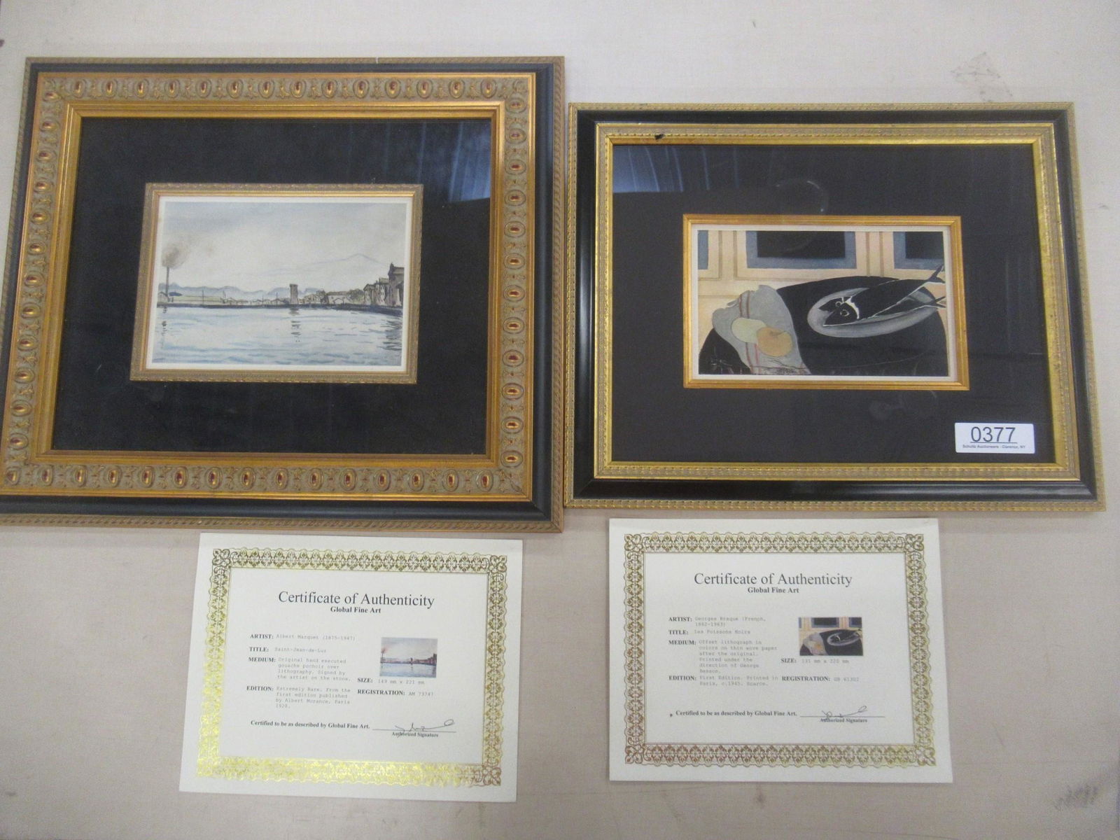 Lithograph by George Braque: Lithograph by George Braque 1882-1963 and Gouache Over Lithography by Albert Marquet Both with Certificates of Authenticity from Global Fine Art - 18 x 14-1/4, 19-3/4 x 17