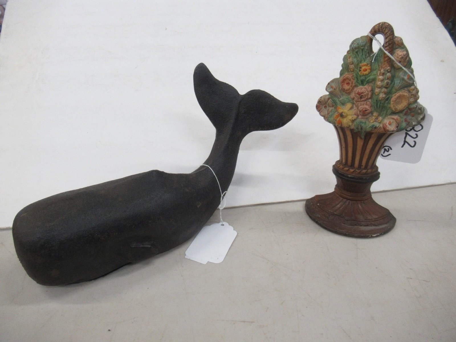 Iron Whale and Flower Door Stops: Iron Whale and Flower Door Stops - Largest approx 13" x 4"