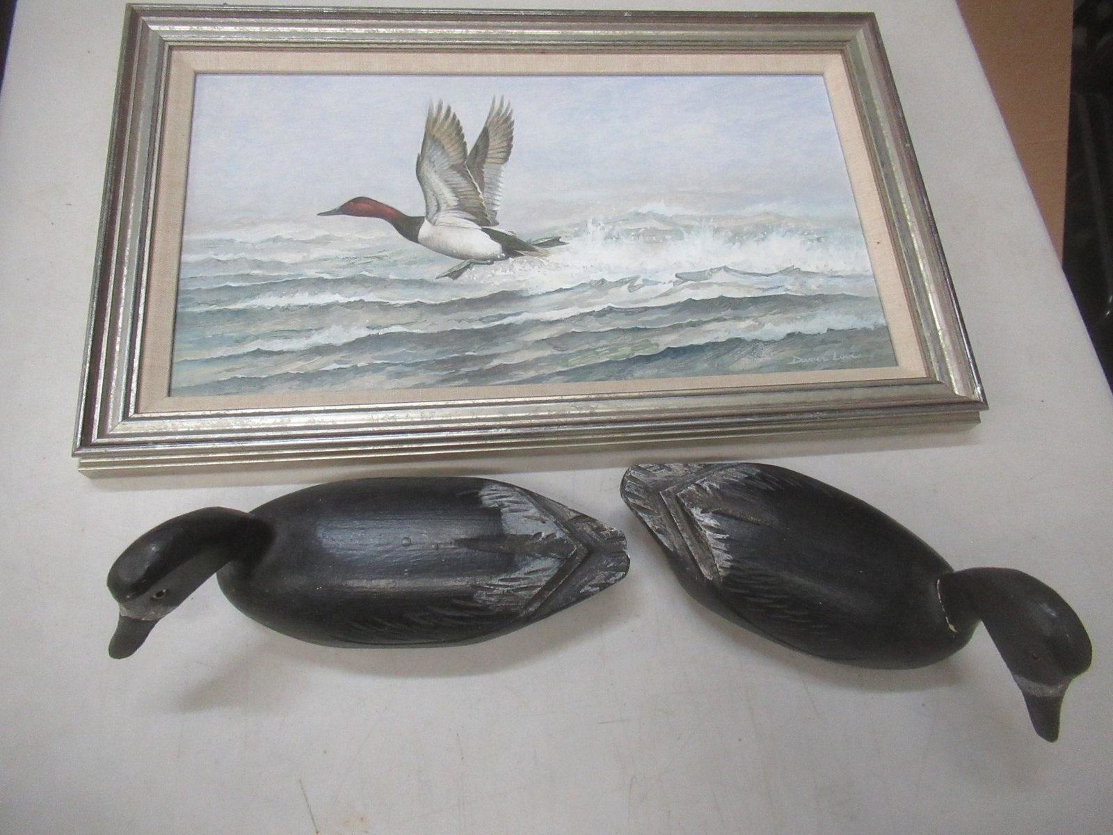 2 Duck Decoys and Duck Painting: 2 Duck Decoys and Duck Painting Signed Daniel Loge - Decoys approx, 10.5" x 5"