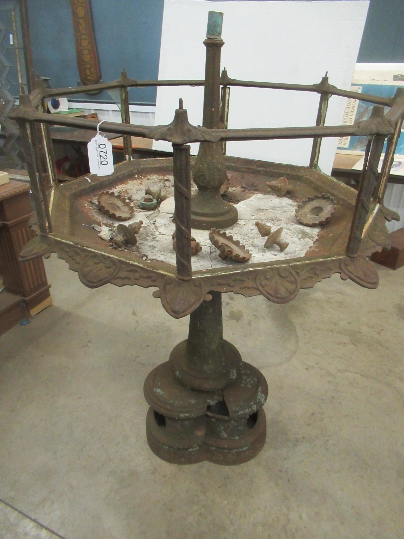 Victorian Cast Iron Aquarium Pat. 1870: Victorian Cast Iron Aquarium marked JW Fisk Pat 1870 - Approx. 50" to top of frame, 57" to top of center, 42" wide, Panel size approx. 14.5" x 10", 8 sides, no glass