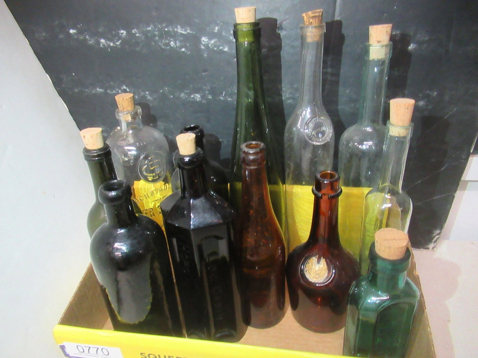 Box of Early Bottles: Box of Early Bottles, Some Clear, Some Colored, incl Log Cabin Hops and Buchu Remedy, etc -