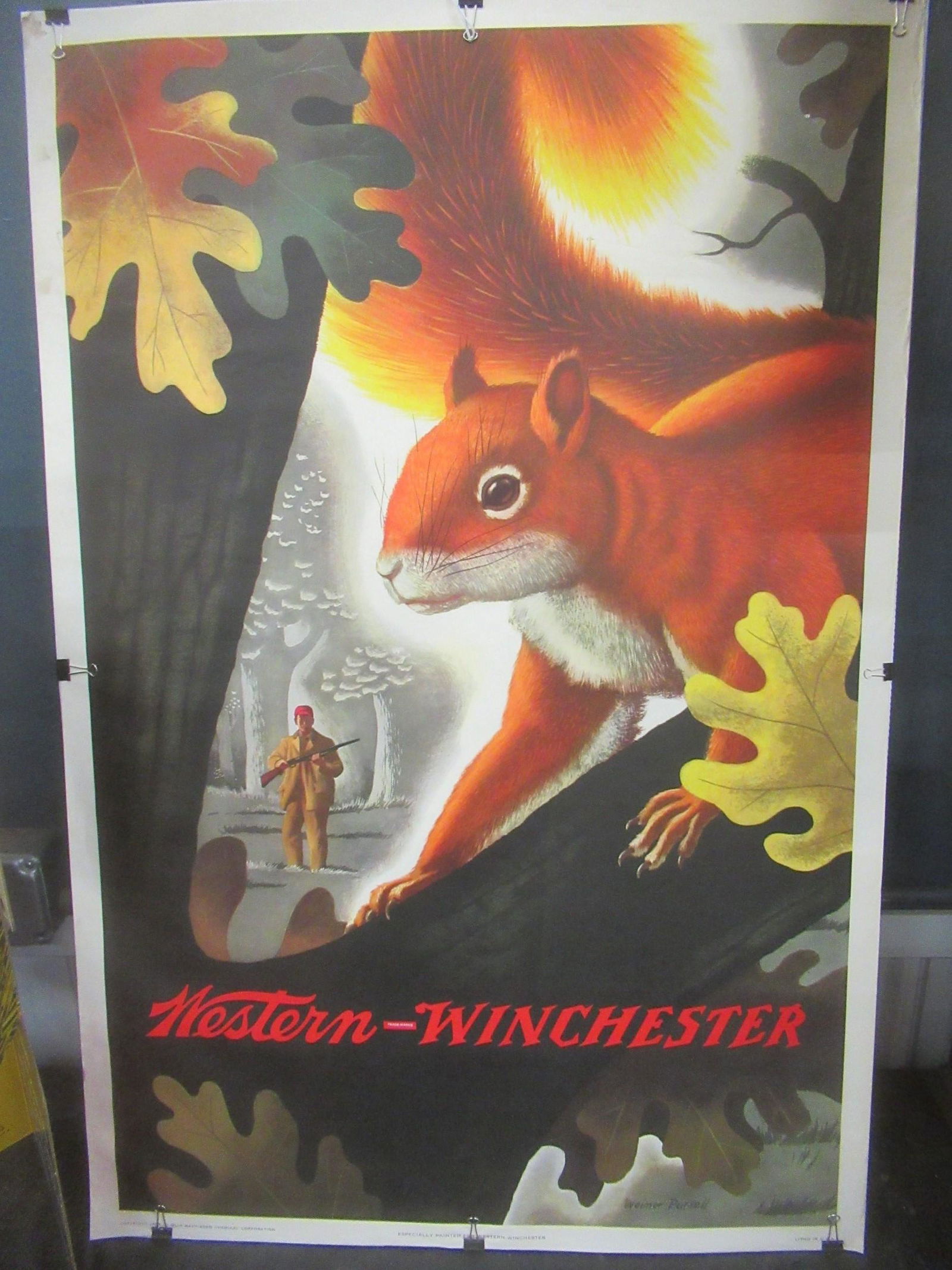 1955 Winchester Advertising: 1955 Winchester Advertising with Hunter and Squirrel, Artist Weimer Pursell - Approx. 28" x 42"