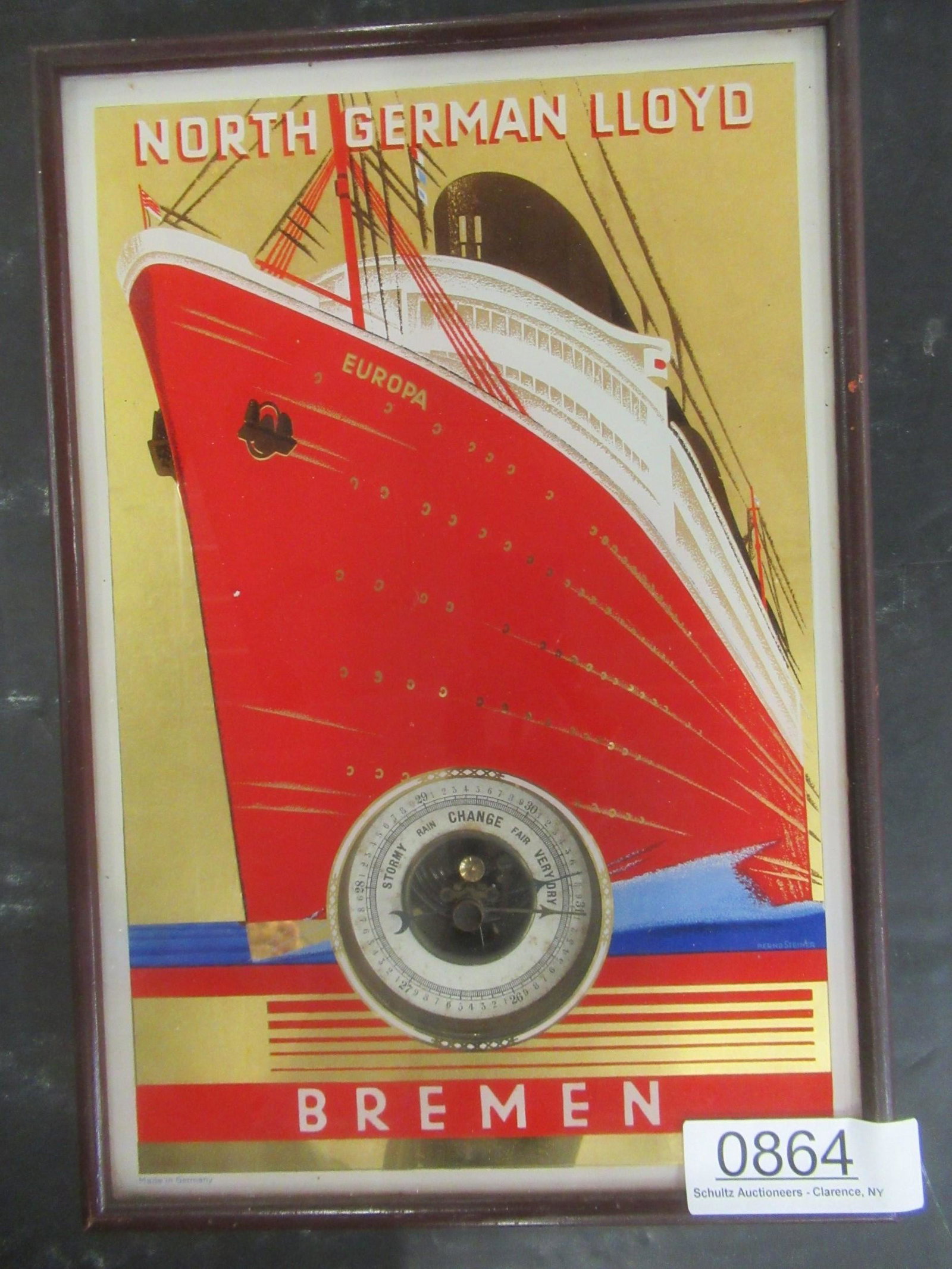 Reverse Painting on Glass of Ship: Reverse Painting on Glass of Ship Called Europa Marked North German Lloyd Made in Germany with Barometer - Framed approx. 9.25" x 14"