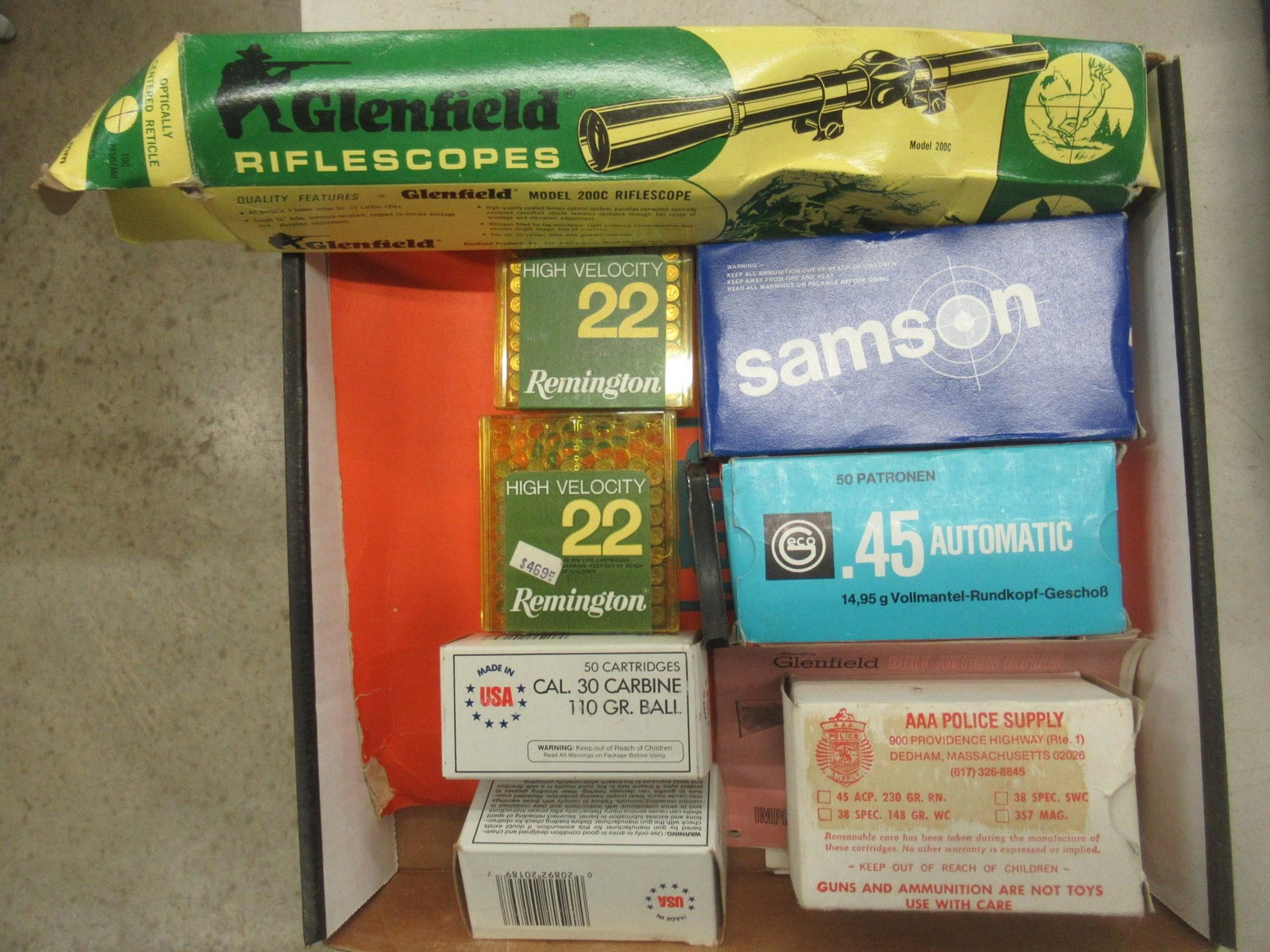 Mixed Ammo Lot Incl. 30 Carbine: Mixed Ammo Lot Incl. 30 Carbine, 45 ACP, 22 Cal., Targets, Glenfield Scope -