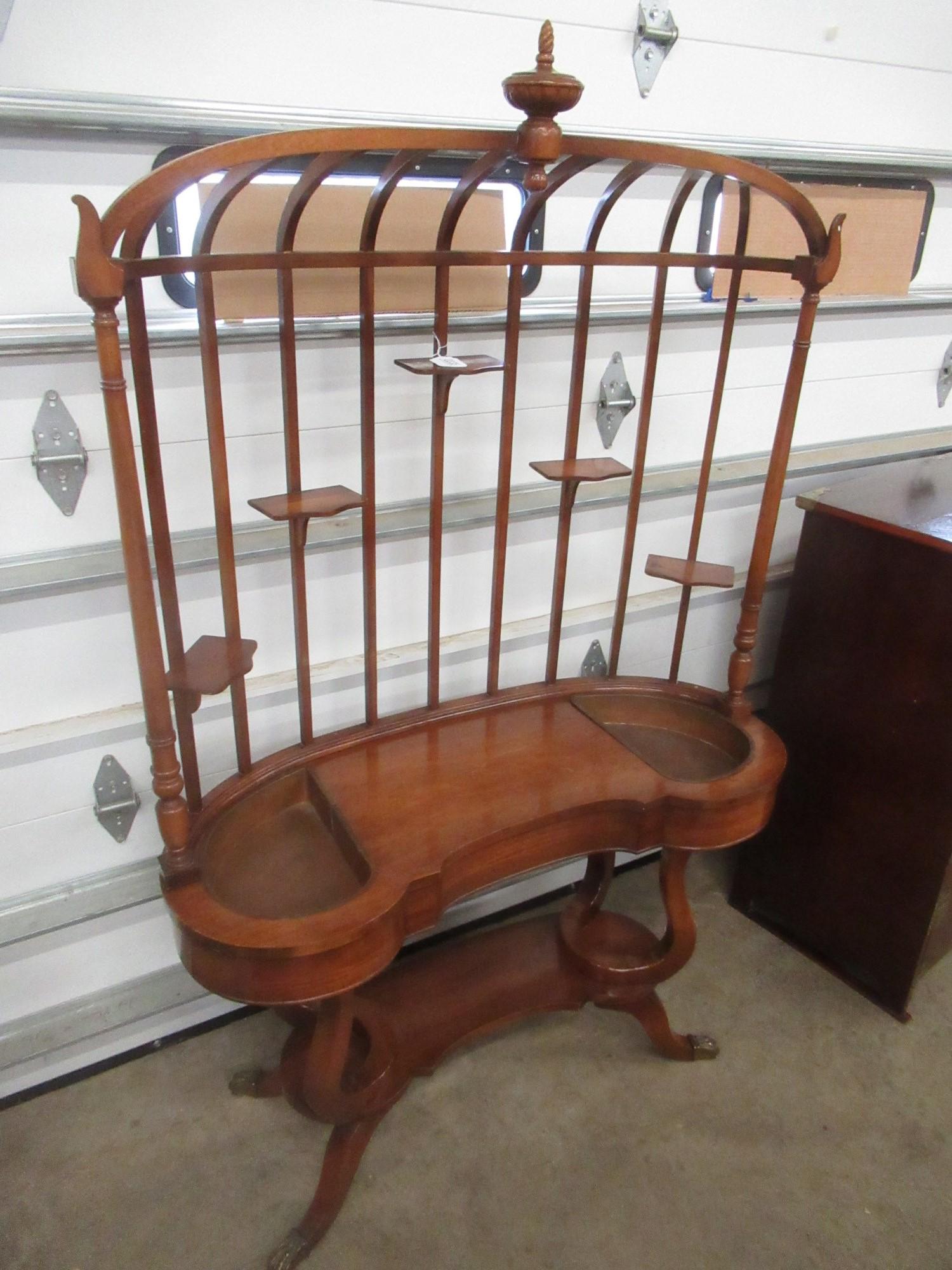 Mahogany Plant Stand: Mahogany Plant Stand with Upper Section for Plants and Copper Inserts, Brass Claw Feet in style of Duncan Phyfe - Approx 42" x 70" x 19"