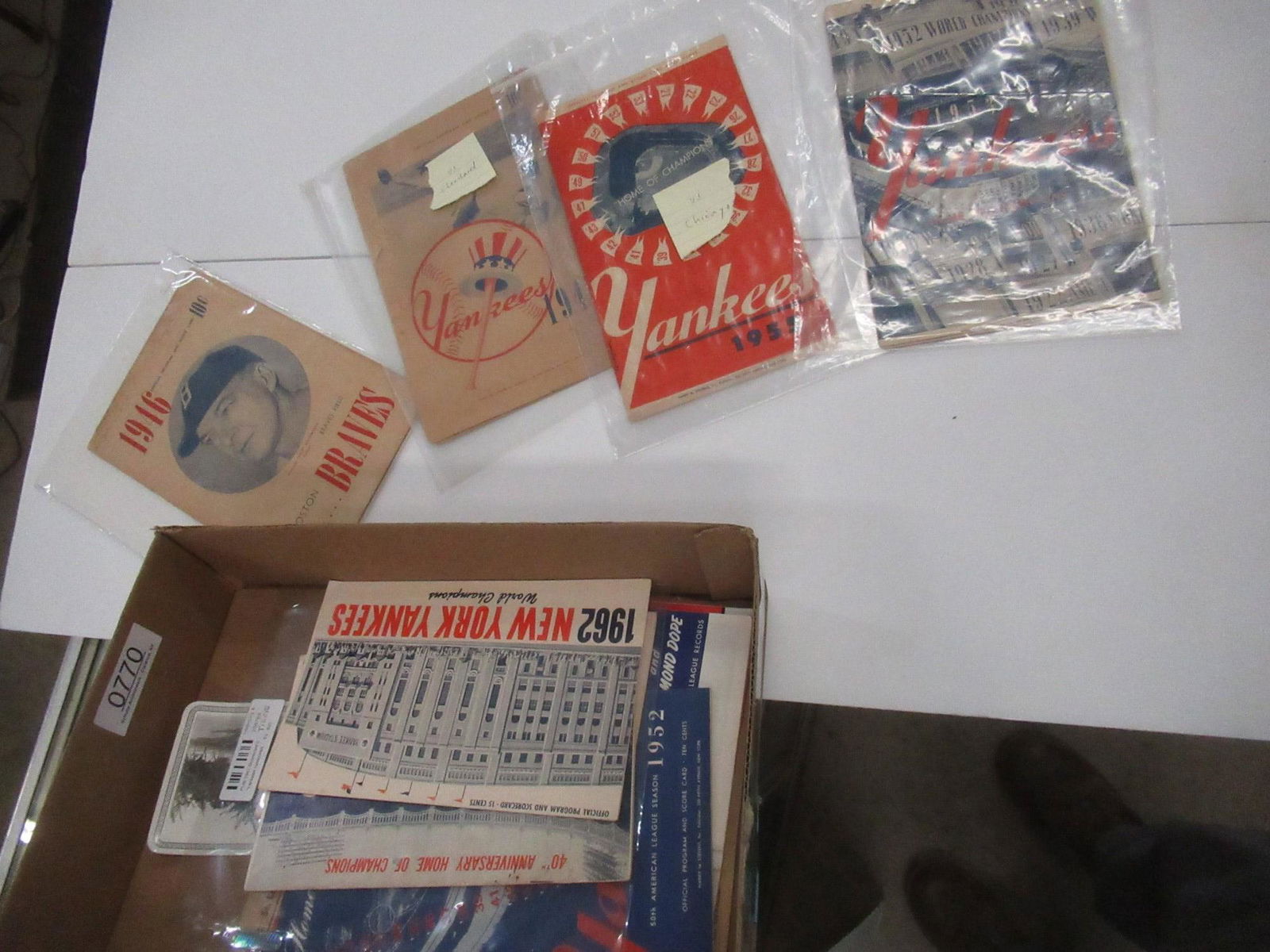 Box of Yankee: Box of Yankee's Programs and Other Baseball Memorabilia, 1952, 1953, 1955, 1947, 1961, 1962, 1963, Boston Braves 1946, Plus Other Baseball Programs, Tickets, Coca Cola Score Card St Louis vs Brooklyn