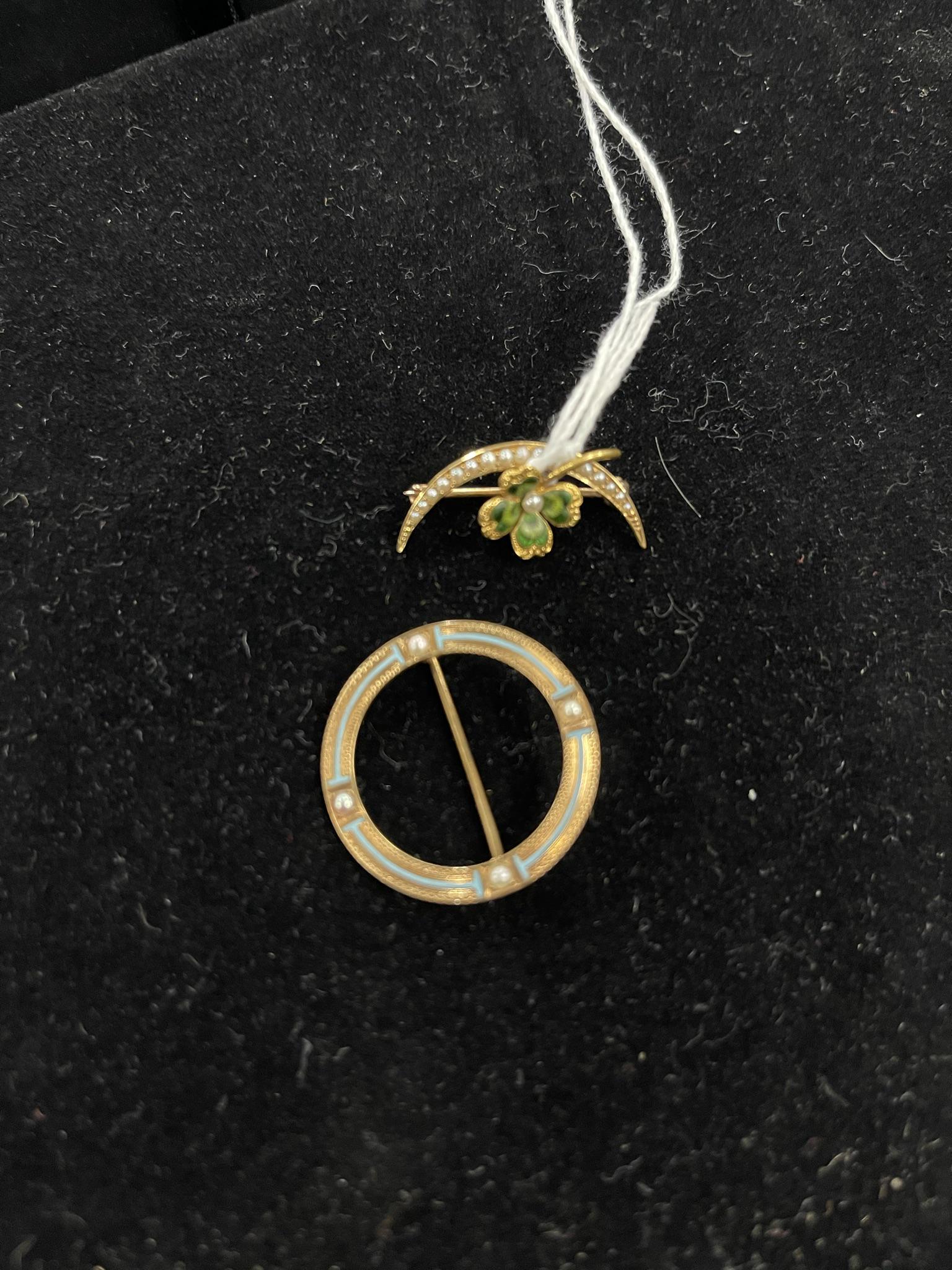 2 14k Gold Pins w/ Enamel & Seed Pearls (1 of 2)