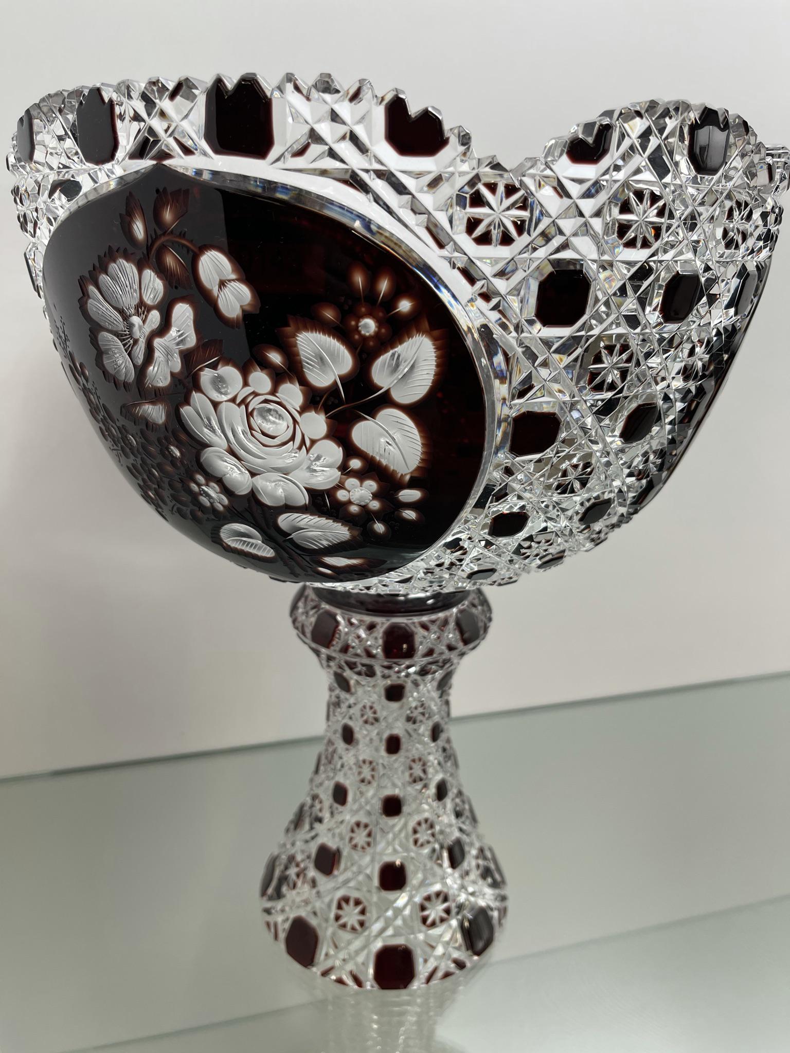 Bohemian Cut & Etched Glass Dark Ruby Centerpiece (1 of 3)