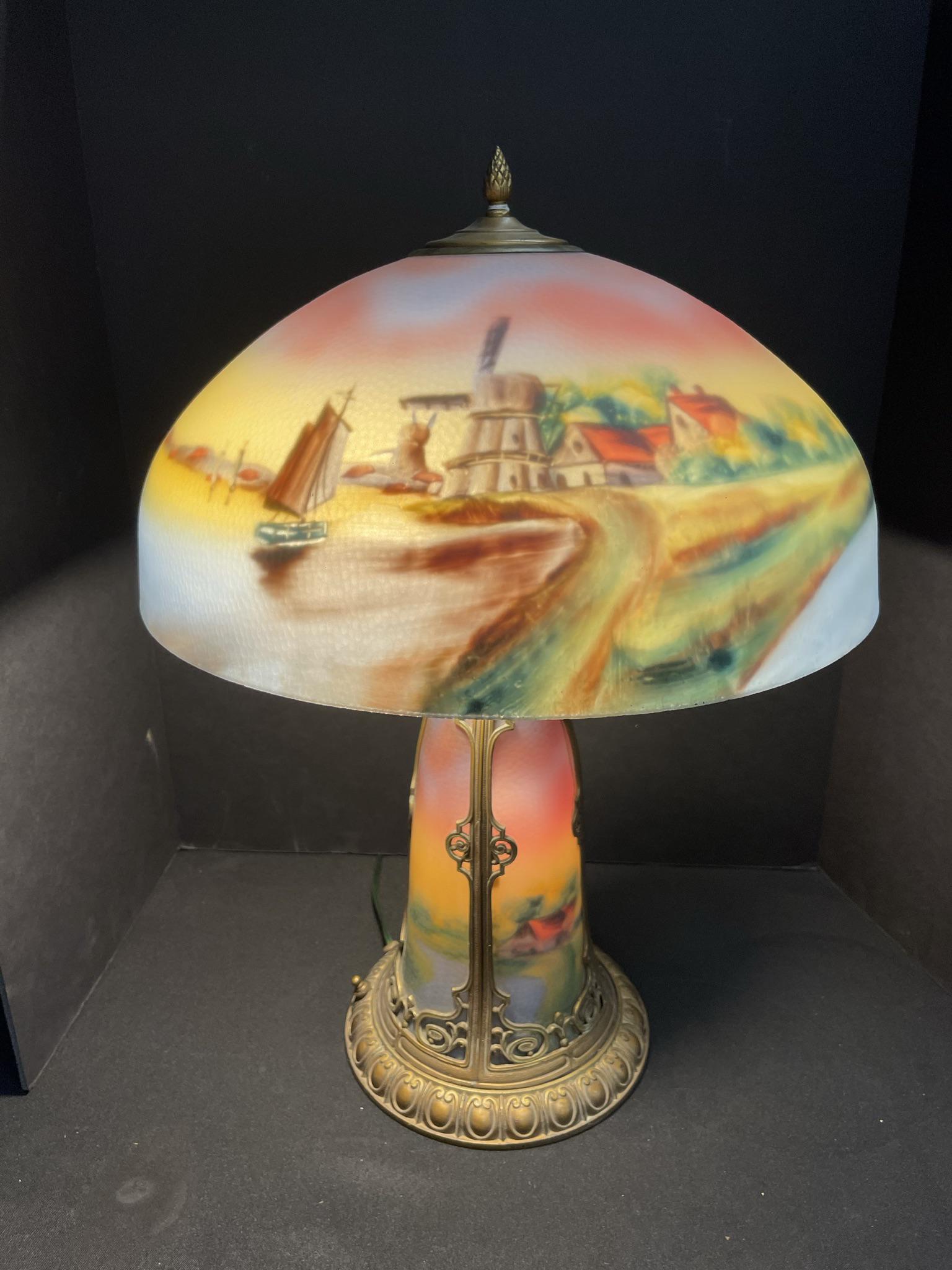 Reverse Painted Lamp w/ Matching 4 Panel Base (1 of 5)