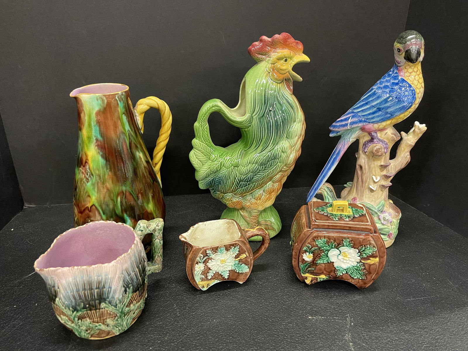 Group of Majolica incl French Rooster Pitcher (1 of 3)