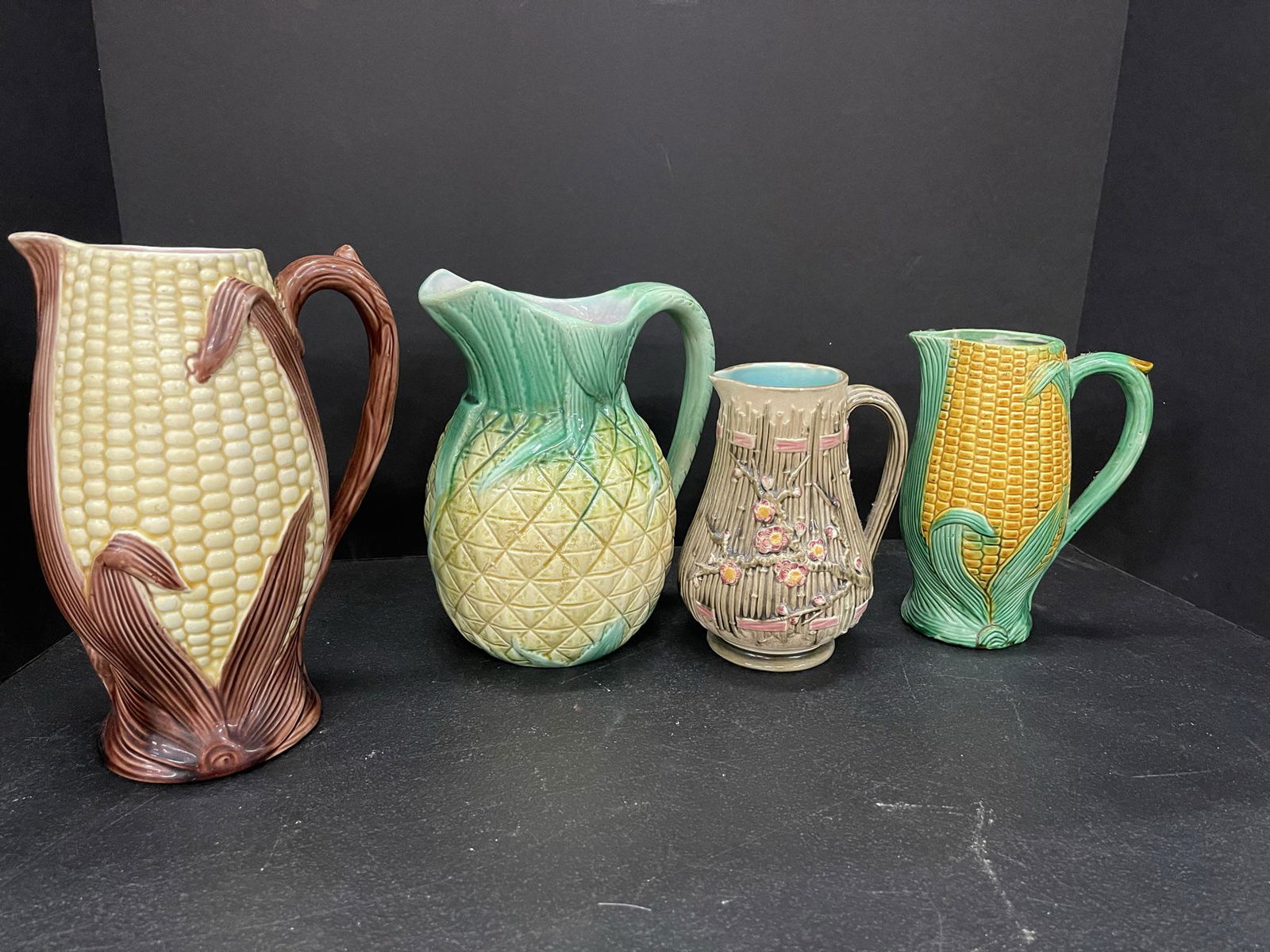 4 Majolica Pitchers incl Pineapple, Flowers, etc (1 of 1)