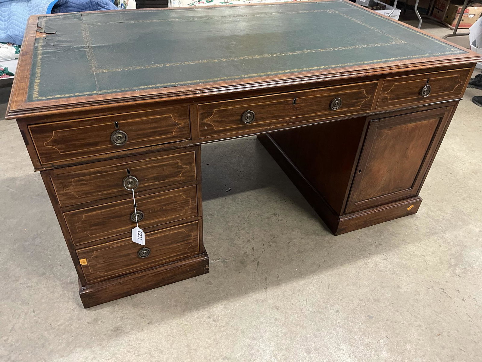 Early Inlaid Partners Desk with Leather Top: Early Inlaid Partners Desk with Leather Top - Approx. 30.5" h x 59.5" l x 35" d