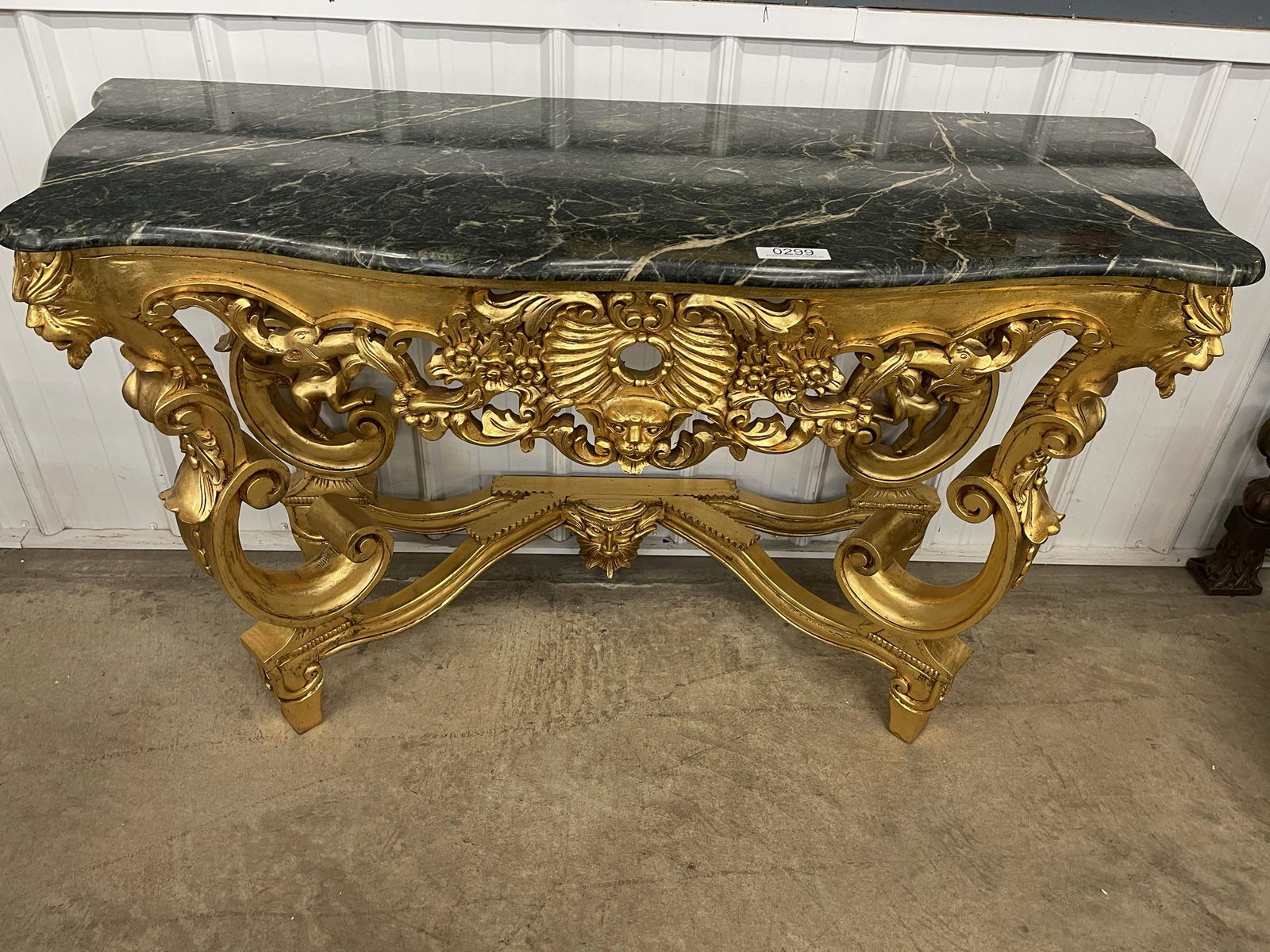 Very Ornate Gold Decorated Console Table: Very Ornate Gold Decorated Console Table with Carved Heads and Marble Top - approx 32.5" h x 54" w x 21" d