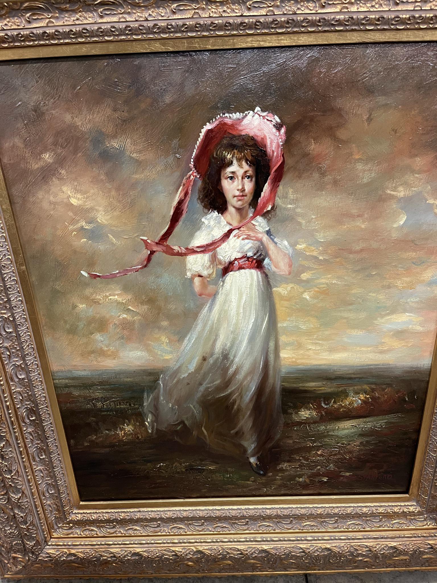 Contemporary Oil on Canvas Painting of Young Girl: Contemporary Oil on Canvas Painting of Young Girl in White Dress by the Sea in Ornate Gold Frame Signed Joe Stanford -