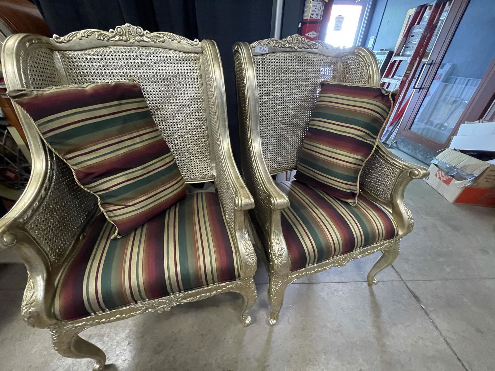 Pair of Henredon Gold Wing Chairs: Pair of Henredon Gold Wing Chairs with Cane Backs and Upholstered Seats - approx 48" h x 29" w x 24" d