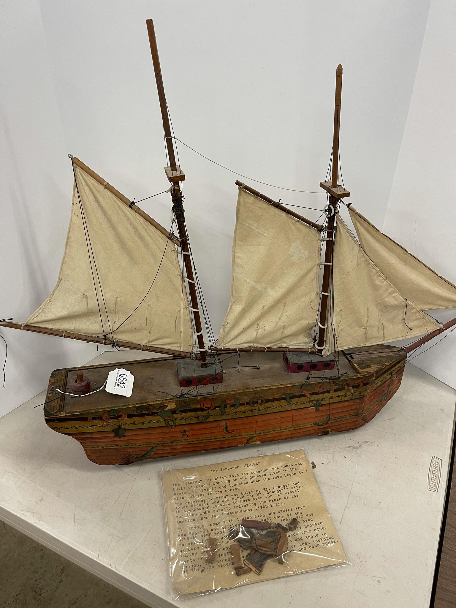 Toy Schooner "Jemima": Toy Schooner "Jemima", Original Ship Built at Kings Landing on Genesee River in the Winter of 1796-1797 - Approx 26 x 33 x 6