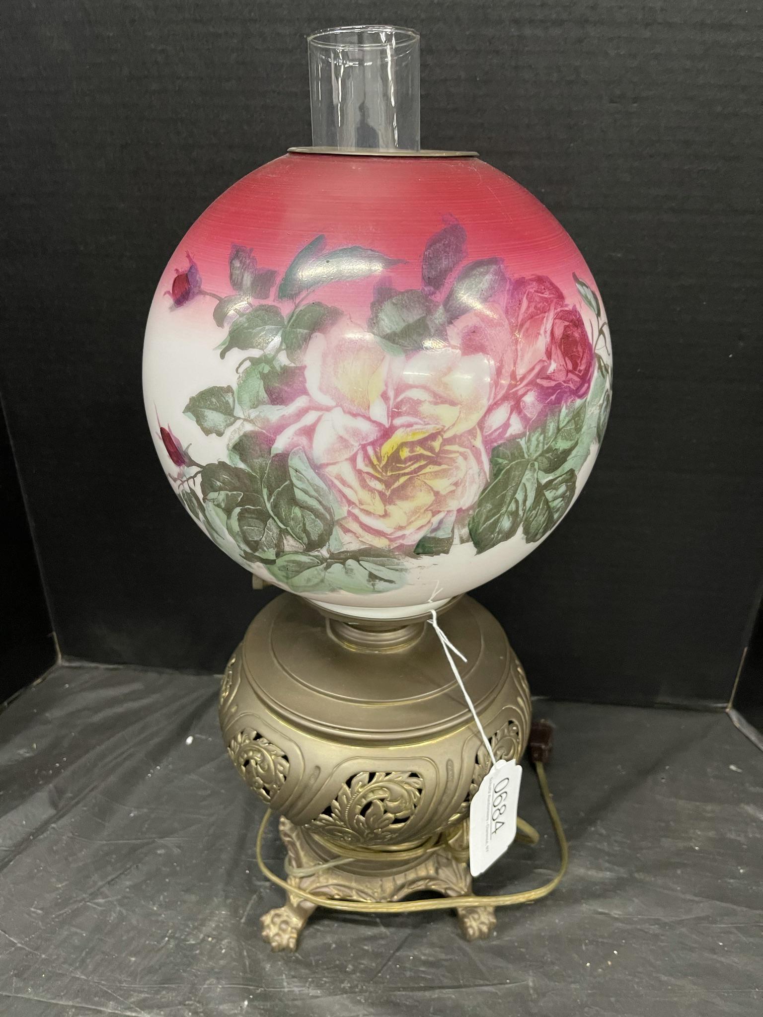 Victorian Gone with the Wind Lamp: Victorian Gone with the Wind Lamp on a Brass Colored Metal Base, Shade is original with flowers -