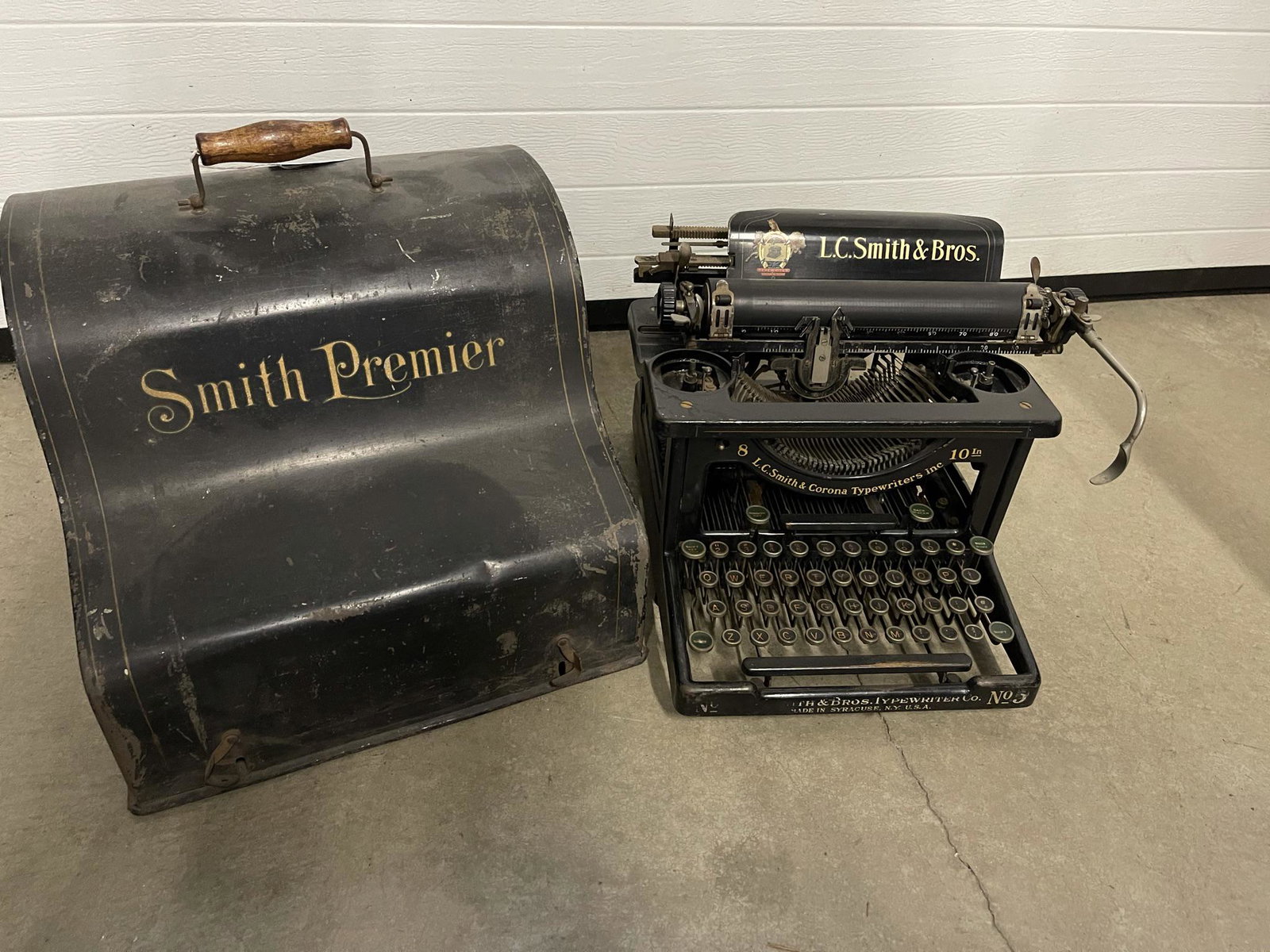 LC Smith & Bros & Royal Typewriters, Fax Machine: LC Smith & Bros Typewriter, Royal Typewriter, and Fax Machine - Approx 12.5 x 14 x 14