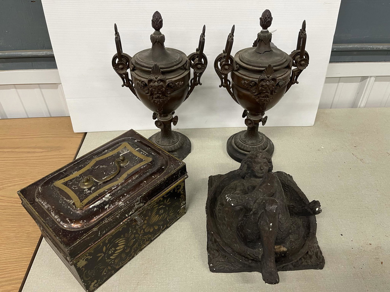 2 Metal Urns, Document Box, Plaster Statue: 2 Metal Urns with Marble Bases, Tin Decorated Document Box, and Plaster Statue of a Woman - Approx 13 x 8
